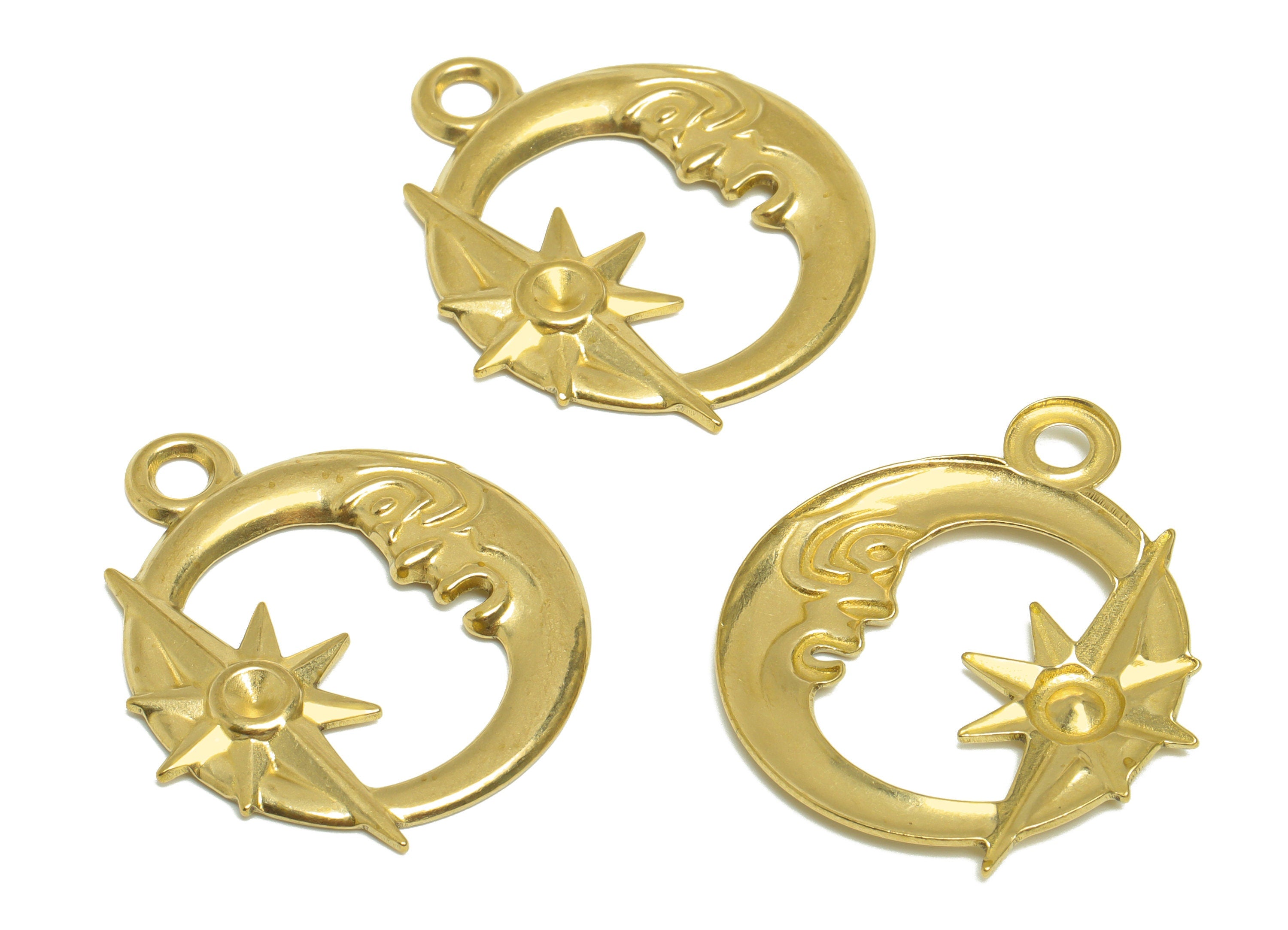 Brass Crescent Earring Charm- Raw Brass Abstract Portrait Charm - Brass Star Pendant For Diamond - Space Moon Charm - 35x29.9x2mm - PP10168 - DOMEDBAZAAR