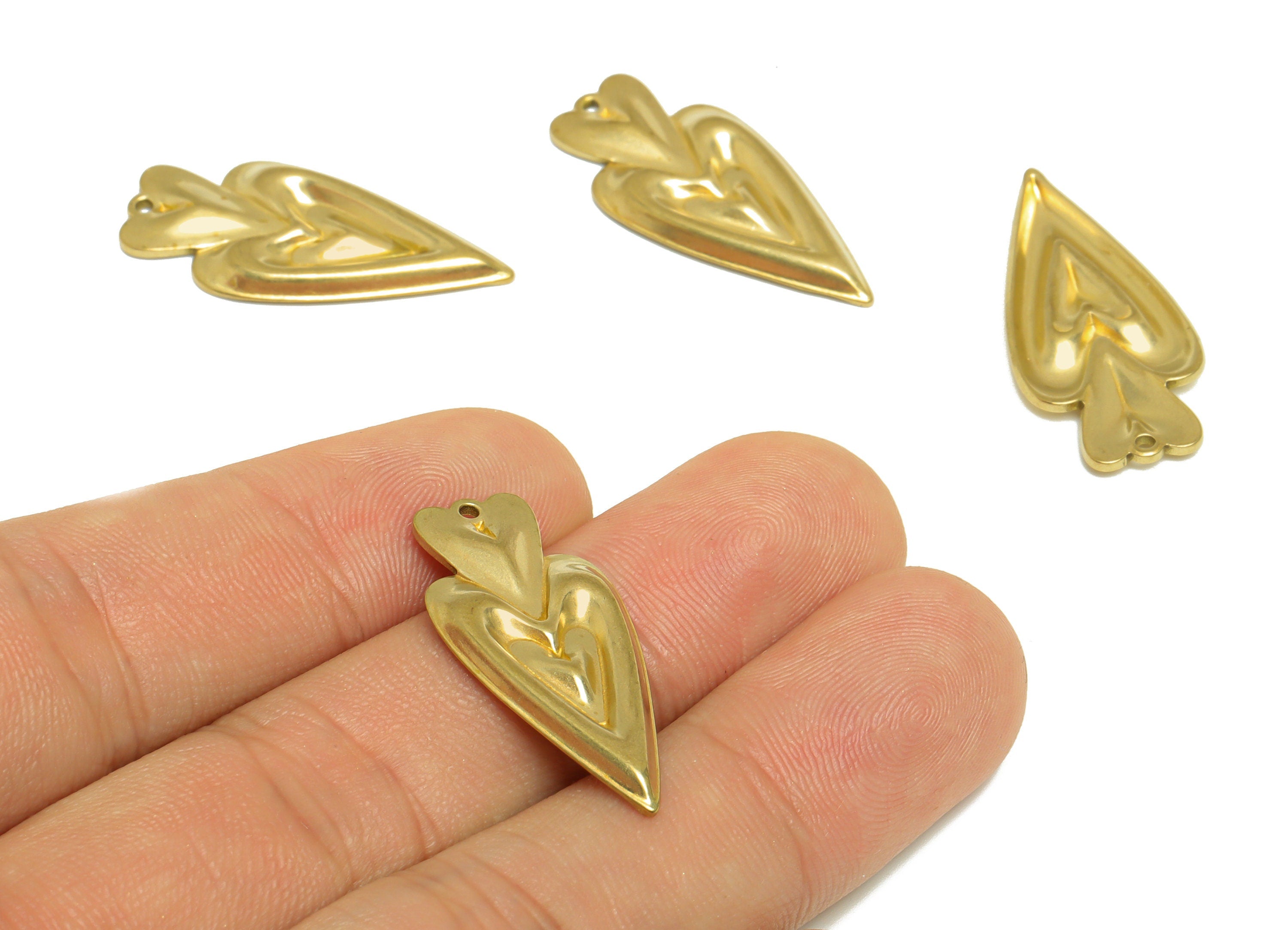 Brass Heart Earring Charm- Raw Brass Textured Long Heart Charm - Brass Double Heart Pendant - Cubic Heart Charm - 30x14x2.2mm - PP10176 - DOMEDBAZAAR