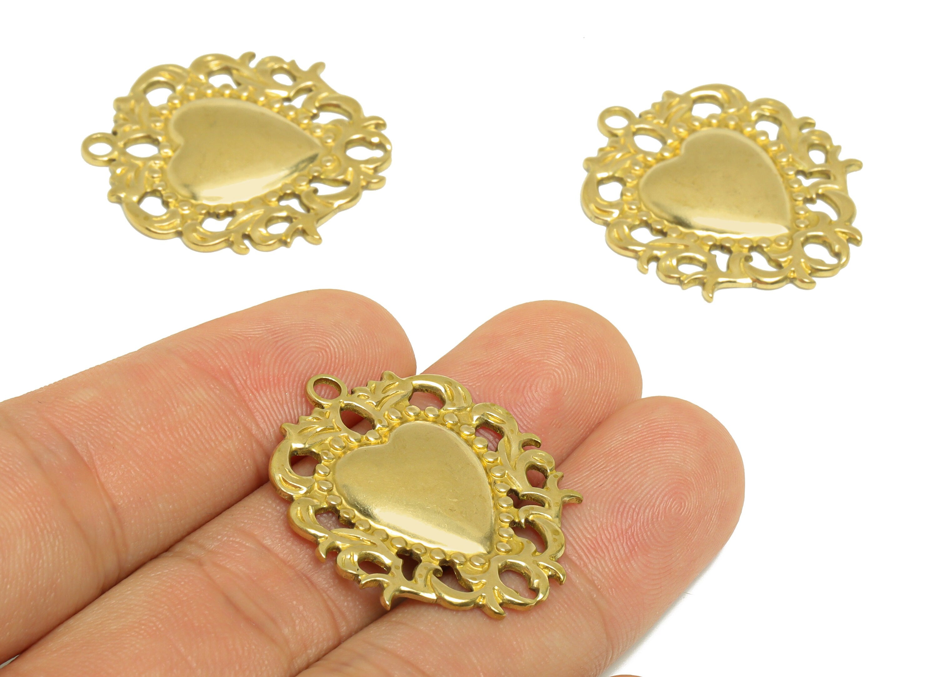 Brass Heart Earring Charm- Raw Brass Antique Vintage Heart Charm - Brass Lace Heart Pendant - Antique Looking Charm - 32x27x2.54mm - PP10164 - DOMEDBAZAAR