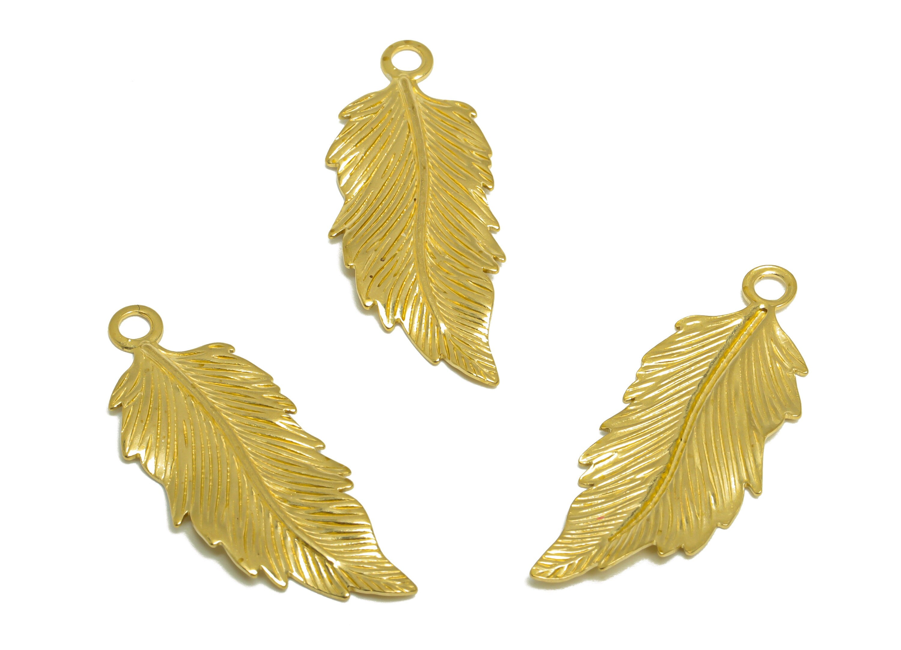 Brass Feather Earring Charm - Raw Brass Textured Earring Charm - Brass Feather Earring Charm - Earring Finding - 32x12.4x1.2mm - PP10244 - DOMEDBAZAAR