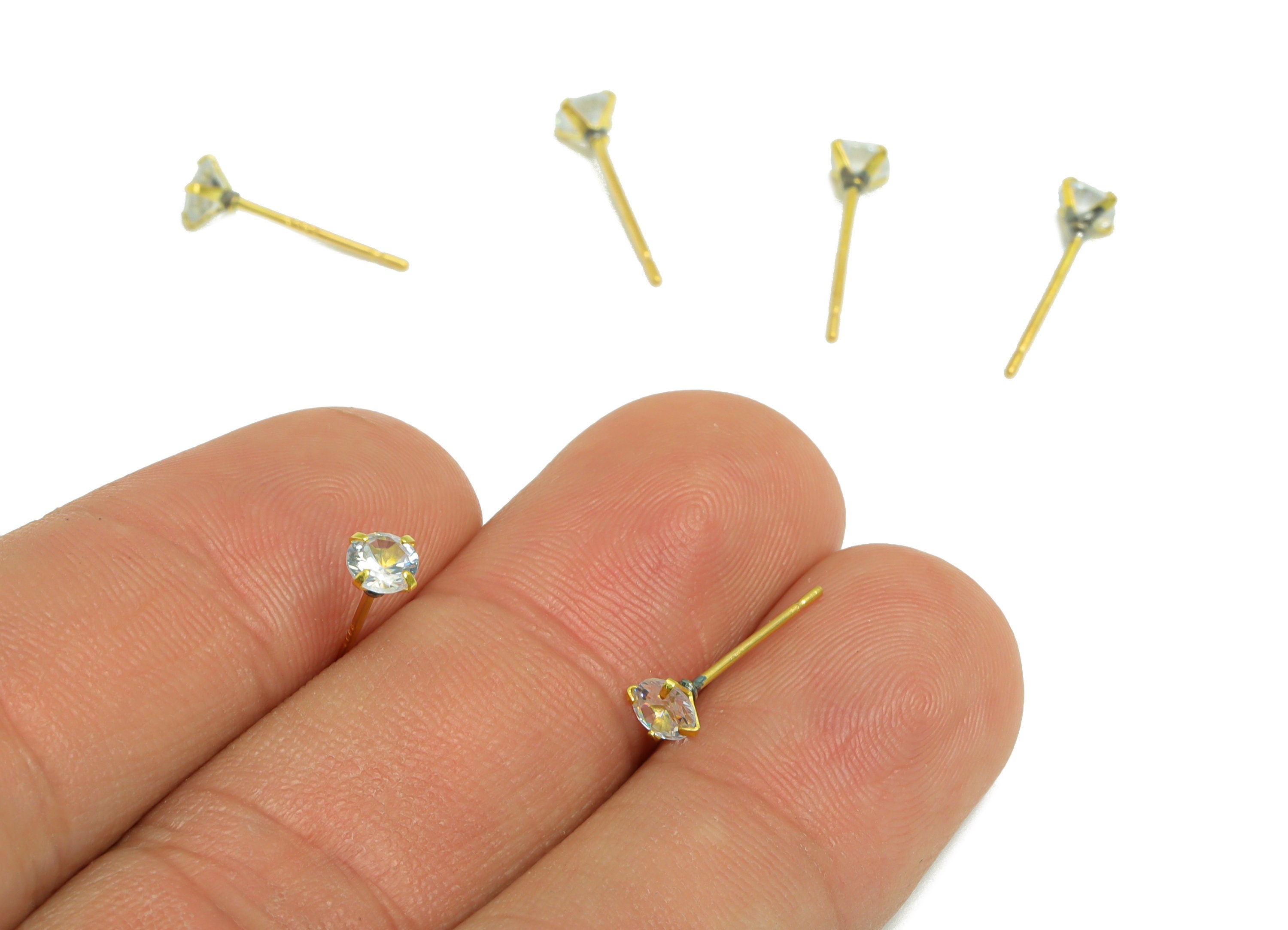 4mm CZ Minimalist Earring - Raw Brass Circle Zircon Earring Post - Brass Cubic Zircon Earring Post - 925 Silver Stud - 14x4x2.9mm - PP9886-4 - DOMEDBAZAAR