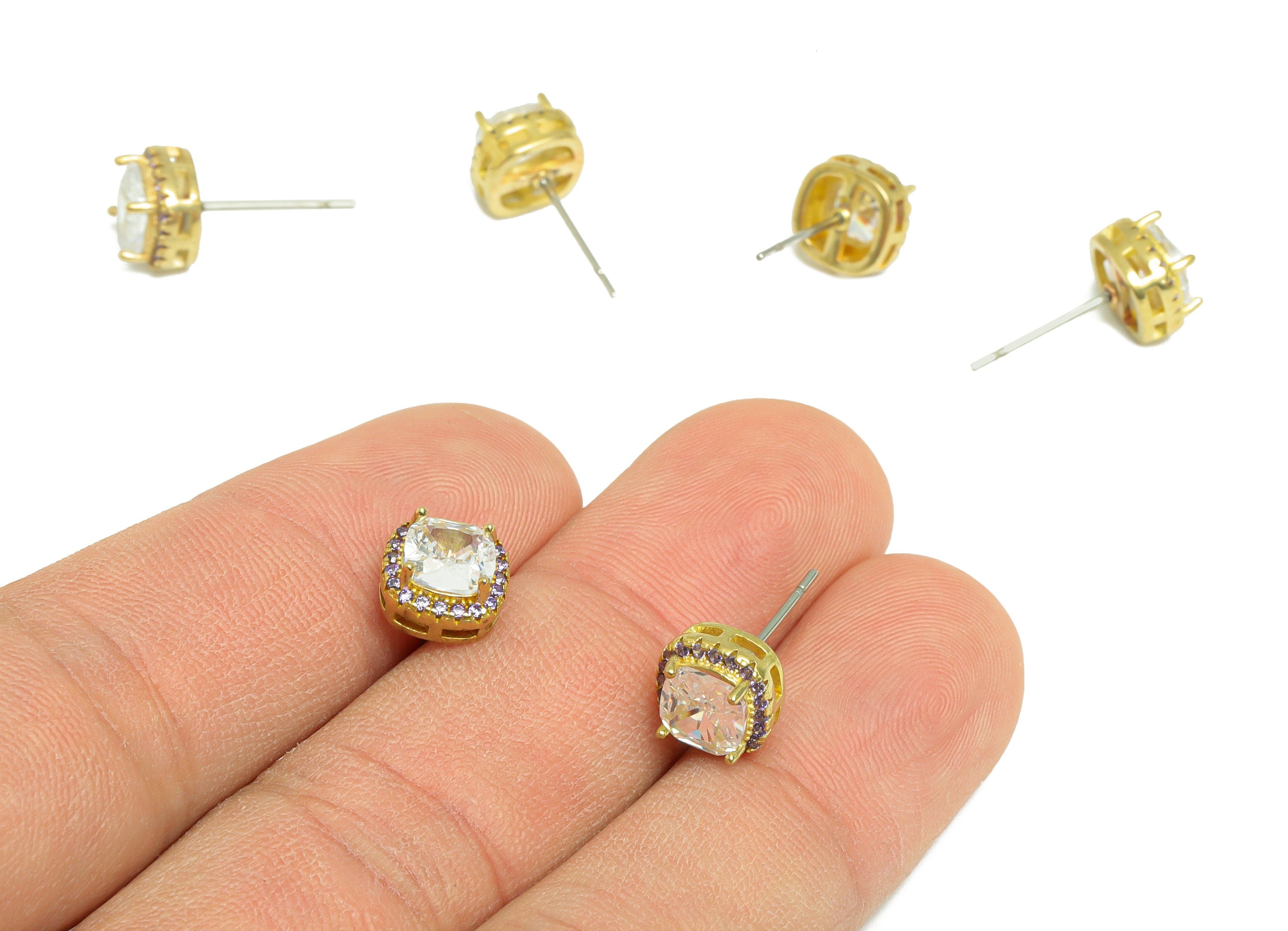 Deep Violet(CZ-08) Zircon Earring Post - Raw Brass White (CZ-21) Zircon Earring Post - Brass Cubic Zircon Earring Post - 17x8x5mm - PP9851S - DOMEDBAZAAR