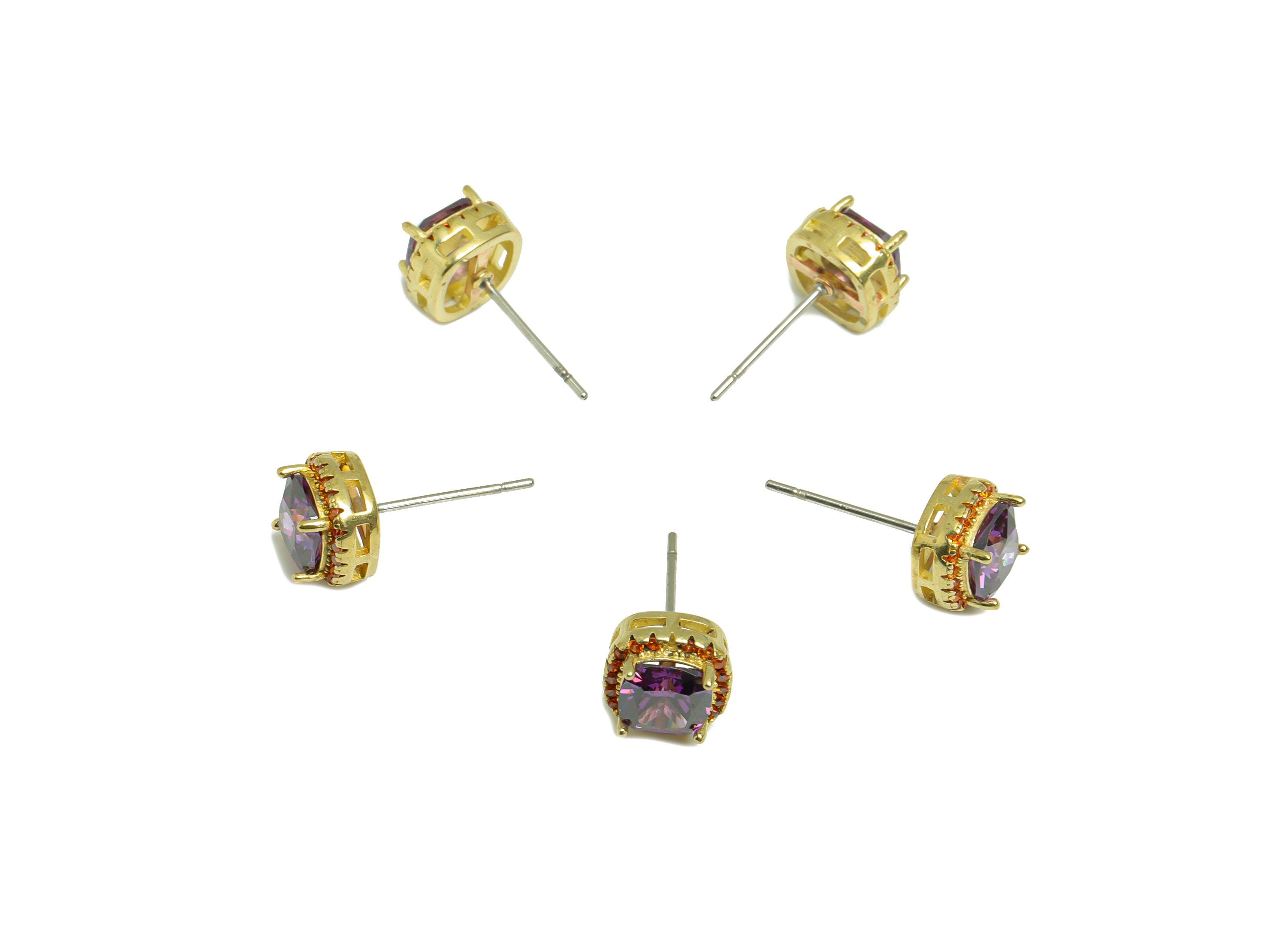 D-Amethyst (CZ-10) Zircon Earring Stud - Raw Brass Orange(CZ-11) Zircon Earring Post - Cubic Zircon Earring Post - 17x8x5mm - PP9851B - DOMEDBAZAAR