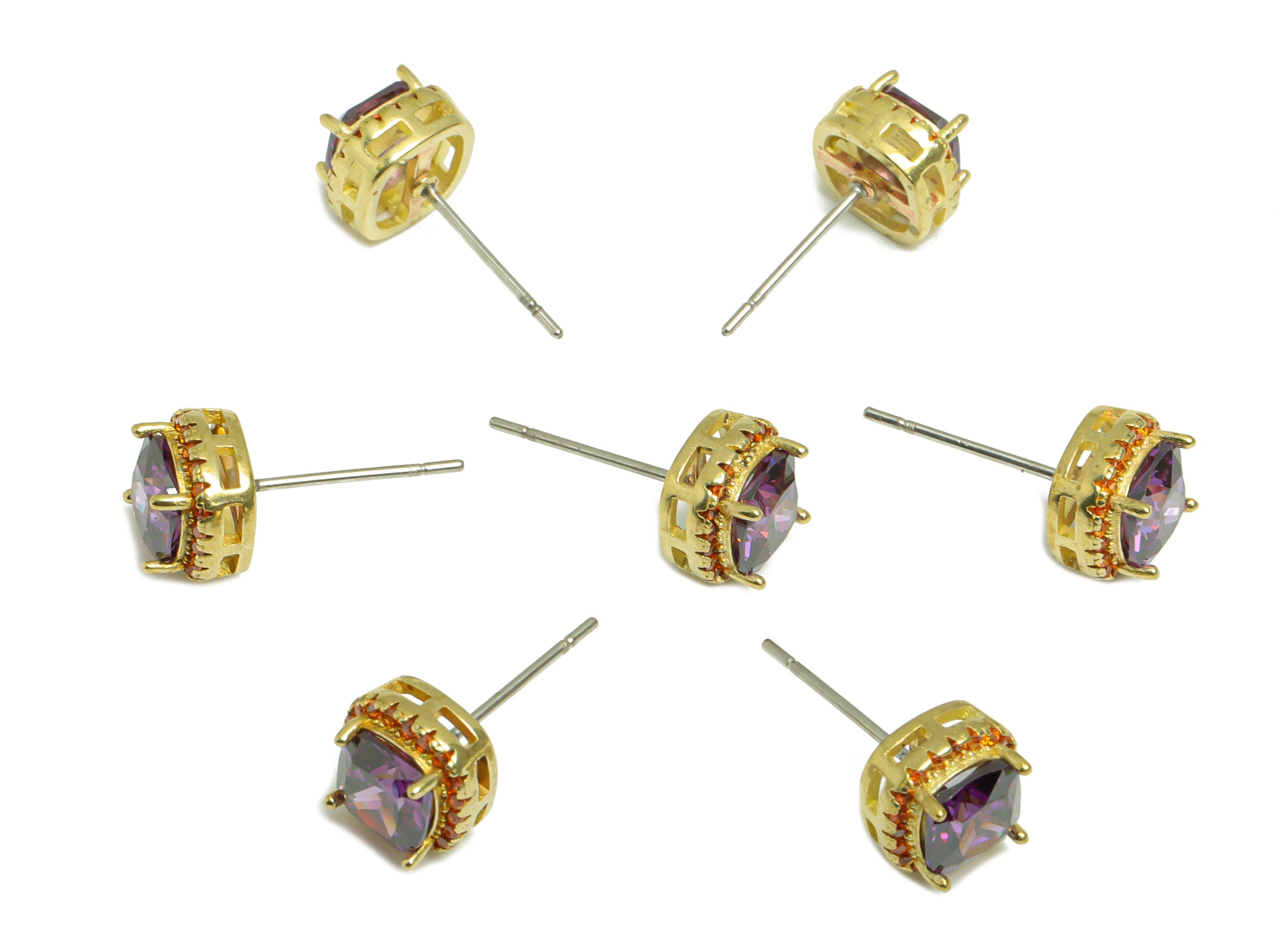 D-Amethyst (CZ-10) Zircon Earring Stud - Raw Brass Orange(CZ-11) Zircon Earring Post - Cubic Zircon Earring Post - 17x8x5mm - PP9851B - DOMEDBAZAAR