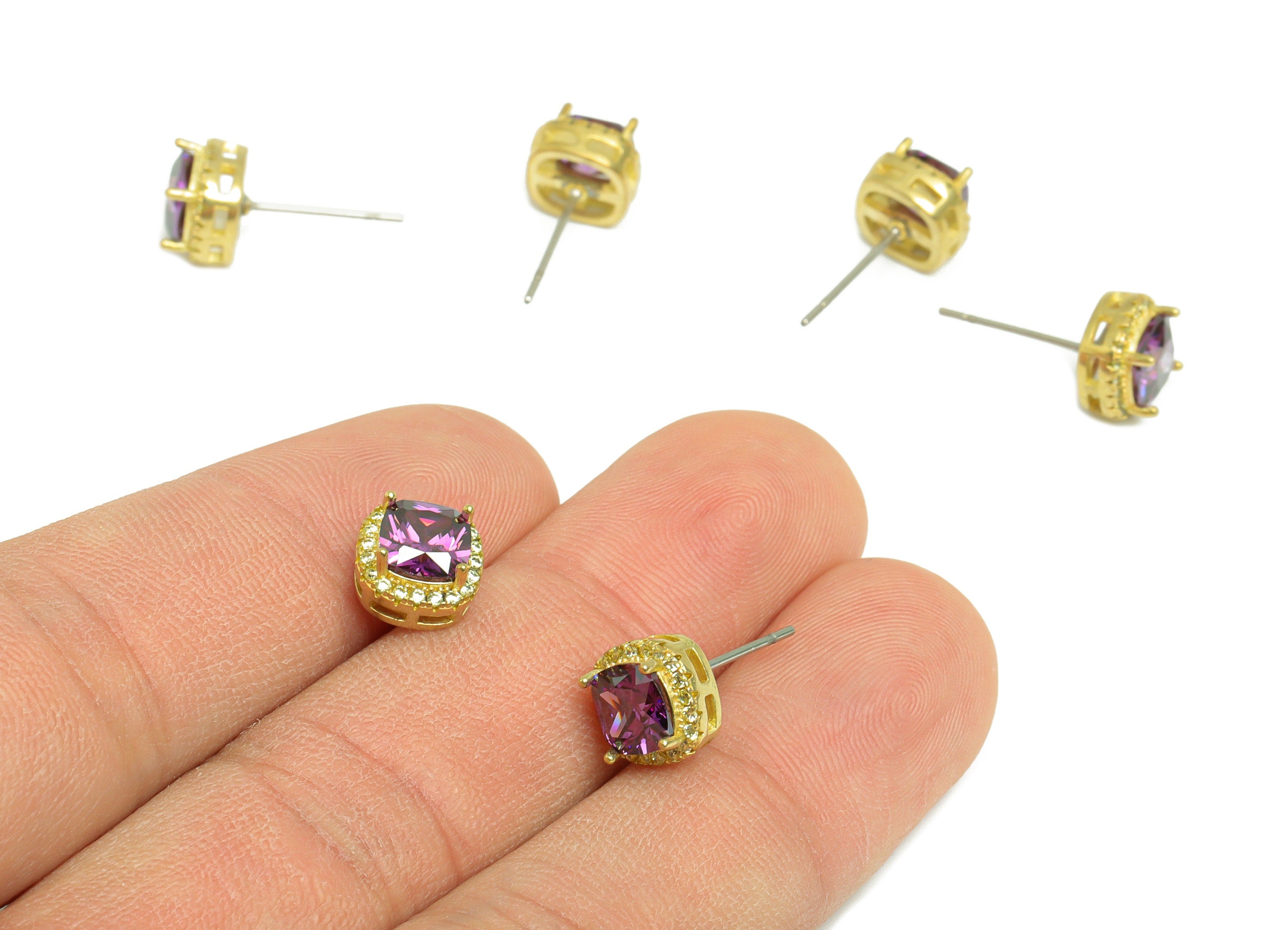Golden (CZ-05) Zircon Earring Stud - Raw Brass D-Amethyst (CZ-10) Zircon Earring Post - Cubic Zircon Earring Post - 17x8x5mm - PP9851G - DOMEDBAZAAR