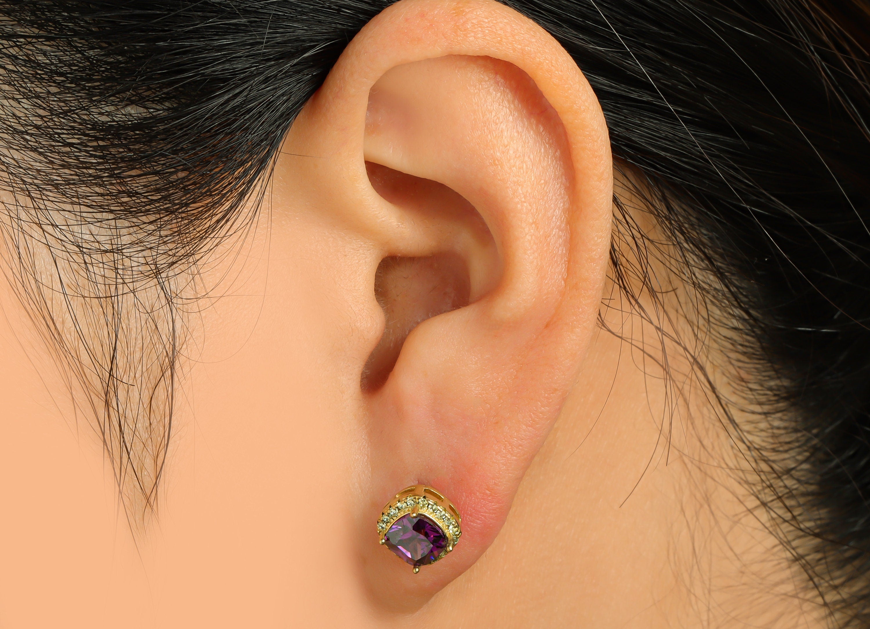 Golden (CZ-05) Zircon Earring Stud - Raw Brass D-Amethyst (CZ-10) Zircon Earring Post - Cubic Zircon Earring Post - 17x8x5mm - PP9851G - DOMEDBAZAAR