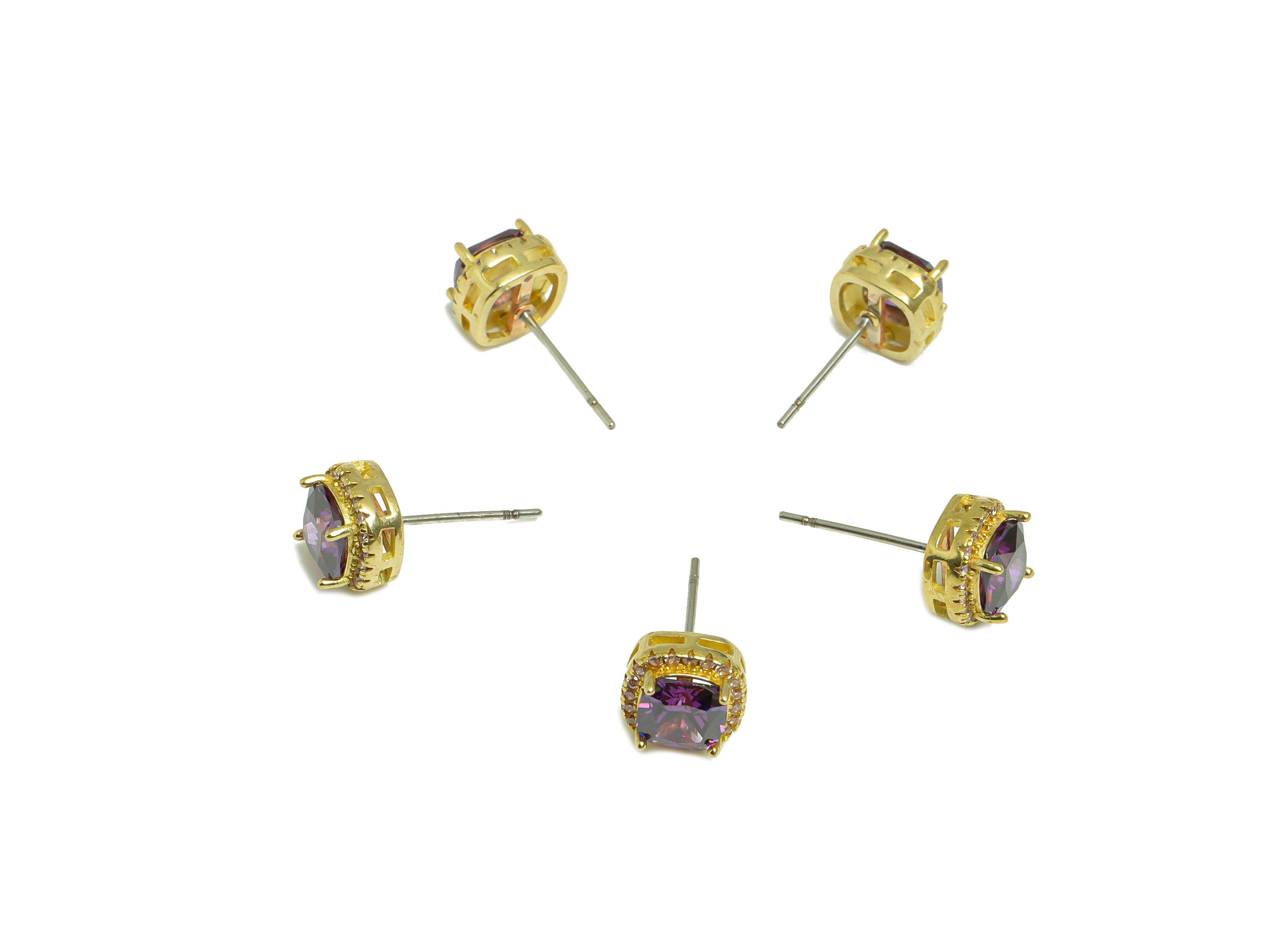 D-Violet(CZ-08) Zircon Earring Stud - Raw Brass Pink (CZ-01) Zircon Earring Post - Cubic Zircon Earring Post - 17x8x5mm - PP9851V - DOMEDBAZAAR