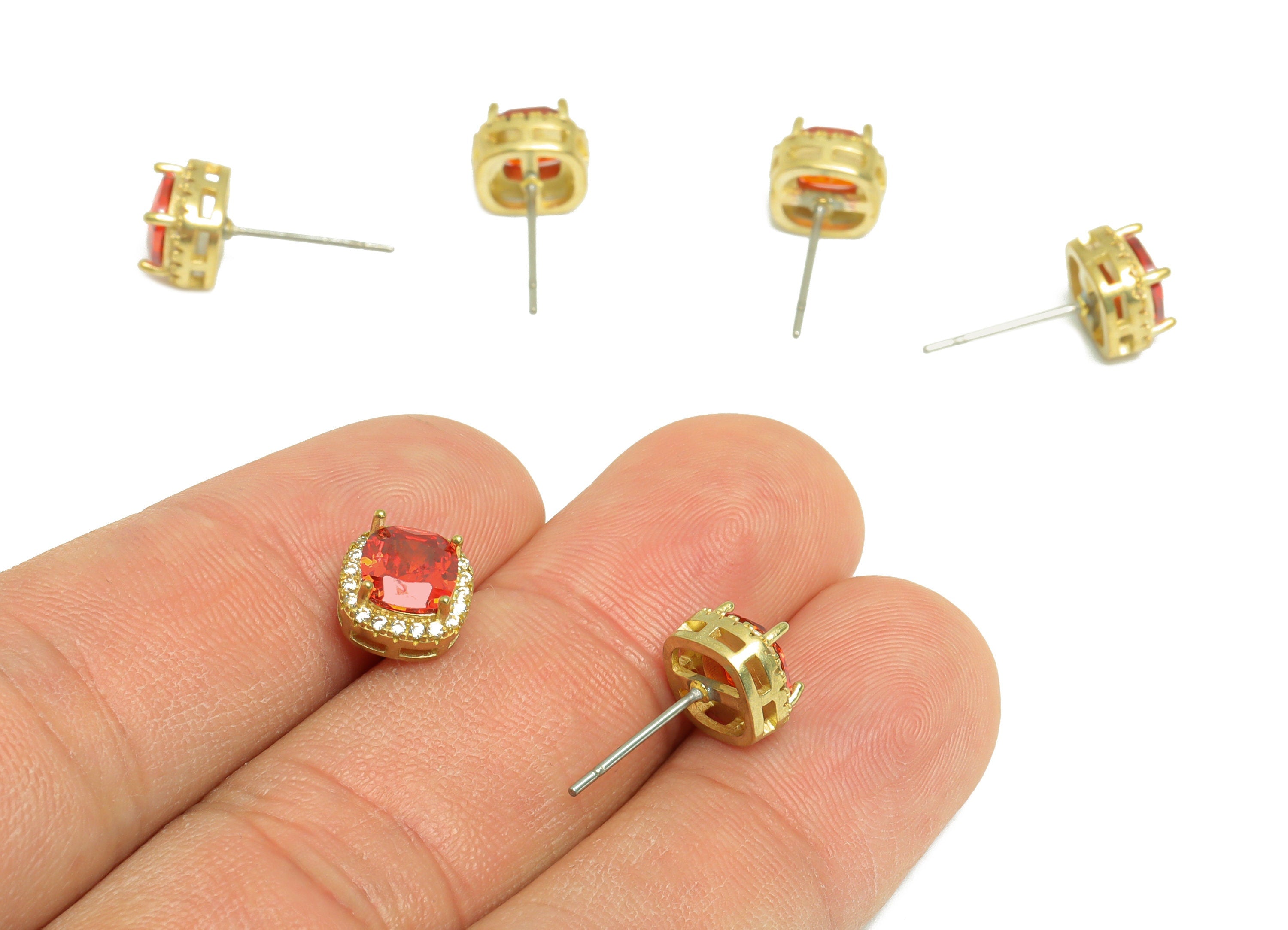 Orange (CZ-11) Zircon Earring Stud - Raw Brass Violet (CZ-07) Zircon Earring Post - Cubic Zircon Earring Post - 17x8x5mm - PP9851E - DOMEDBAZAAR