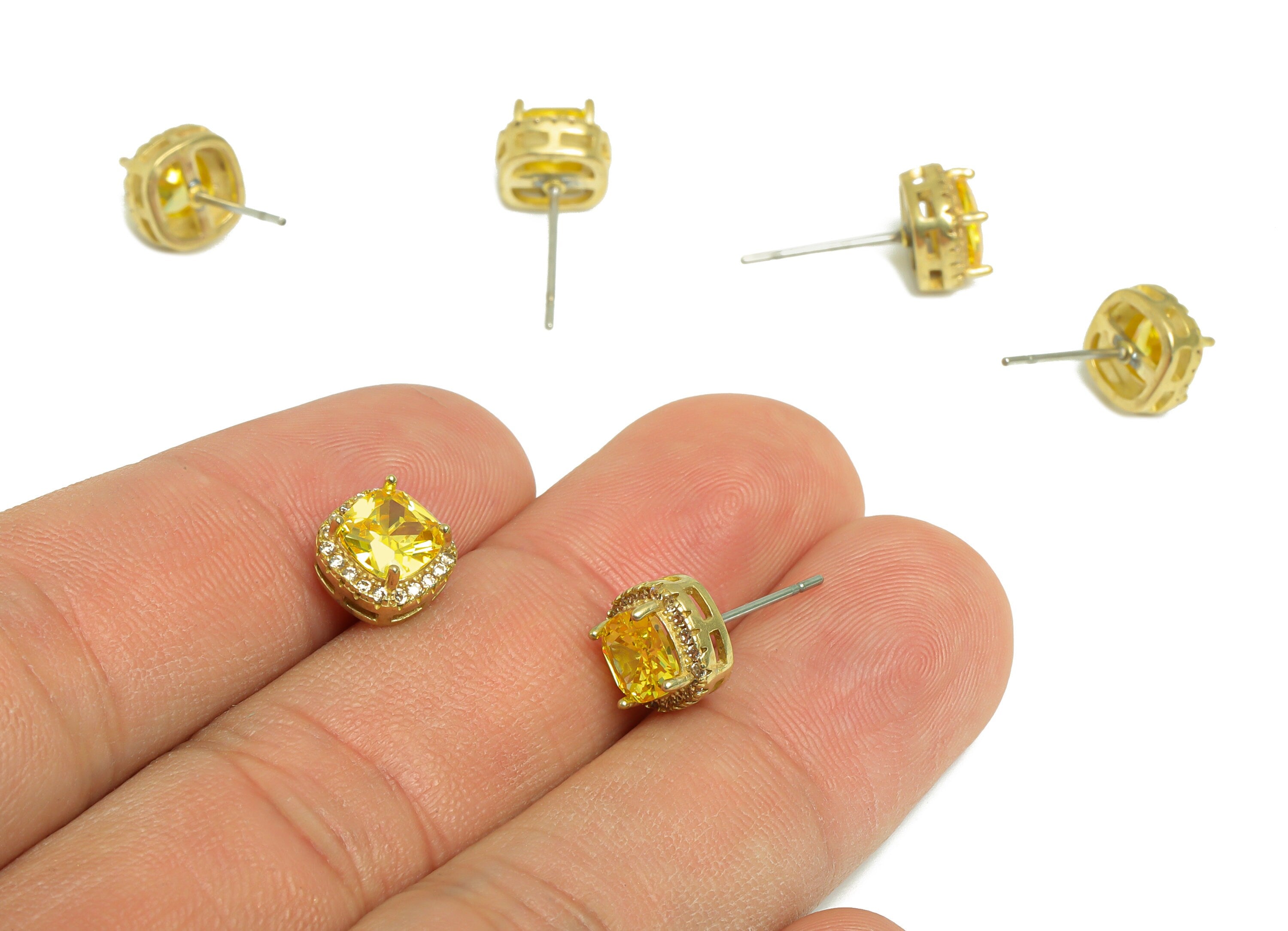 D-Champagne (CZ-20) Zircon Earring Stud - Raw Brass Golden (CZ-05) Zircon Earring Post - Cubic Zircon Earring Post - 18x8.2x6.1mm - PP9851P - DOMEDBAZAAR