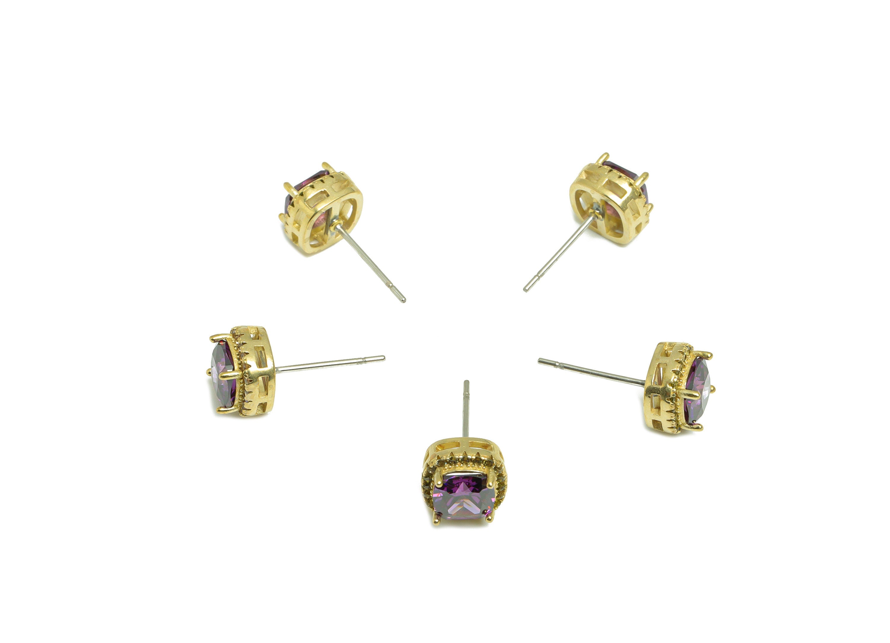 Peridot (CZ-15) Zircon Earring Stud - Raw Brass D-Amethyst (CZ-10) Zircon Earring Post - Cubic Zircon Earring Post - 18x8.2x6.1mm - PP9851N - DOMEDBAZAAR
