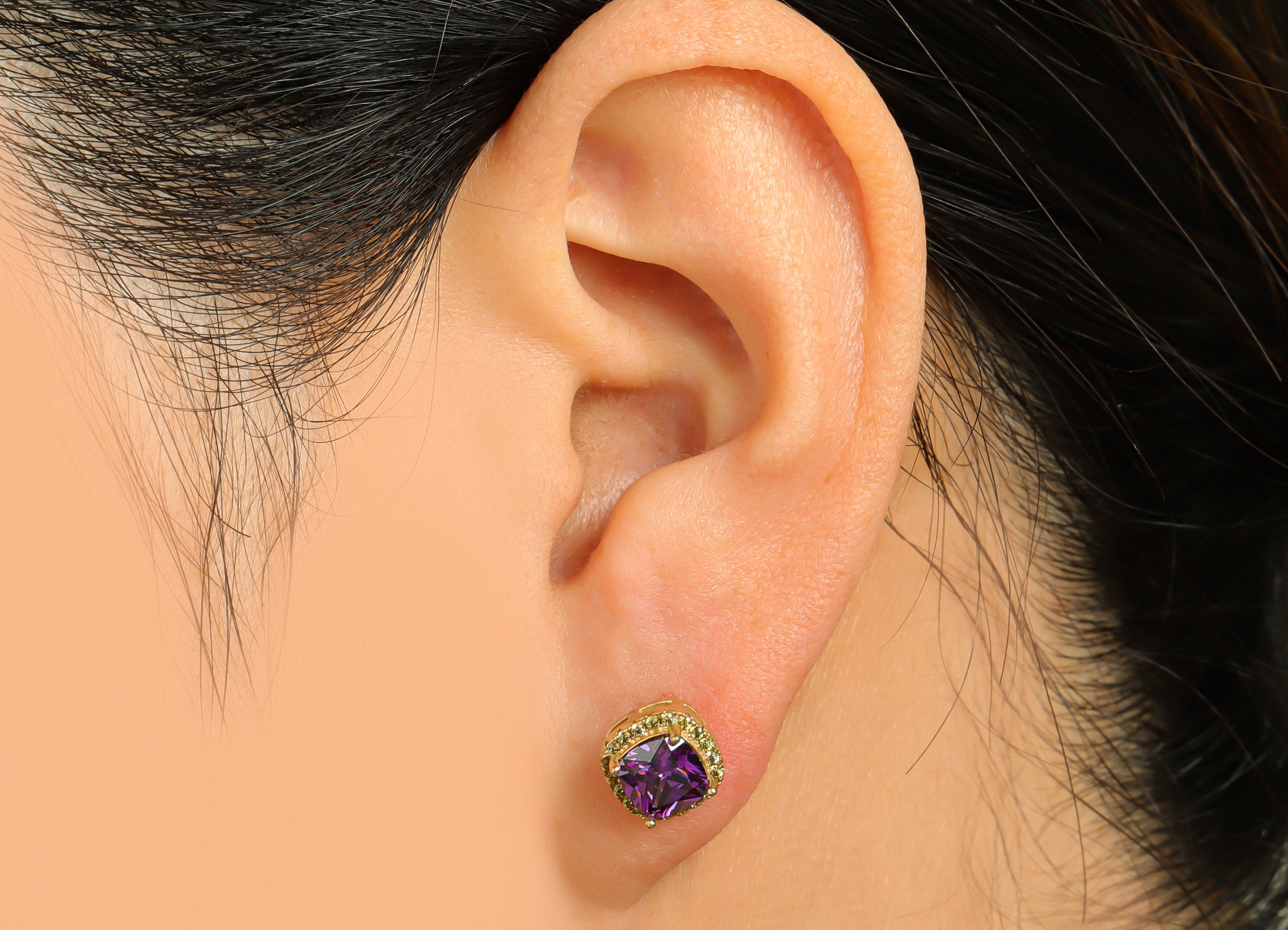 Peridot (CZ-15) Zircon Earring Stud - Raw Brass D-Amethyst (CZ-10) Zircon Earring Post - Cubic Zircon Earring Post - 18x8.2x6.1mm - PP9851N - DOMEDBAZAAR