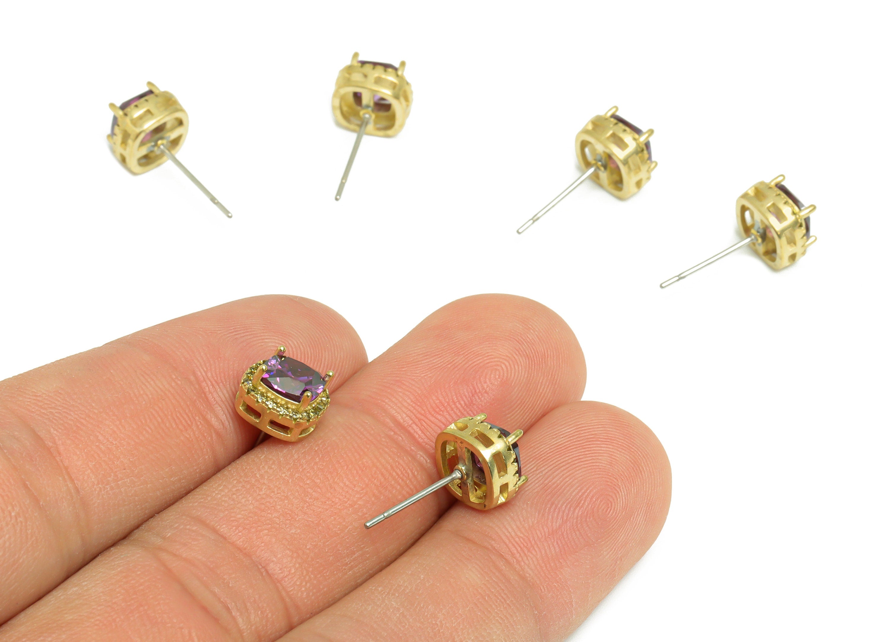 Peridot (CZ-15) Zircon Earring Stud - Raw Brass D-Amethyst (CZ-10) Zircon Earring Post - Cubic Zircon Earring Post - 18x8.2x6.1mm - PP9851N - DOMEDBAZAAR