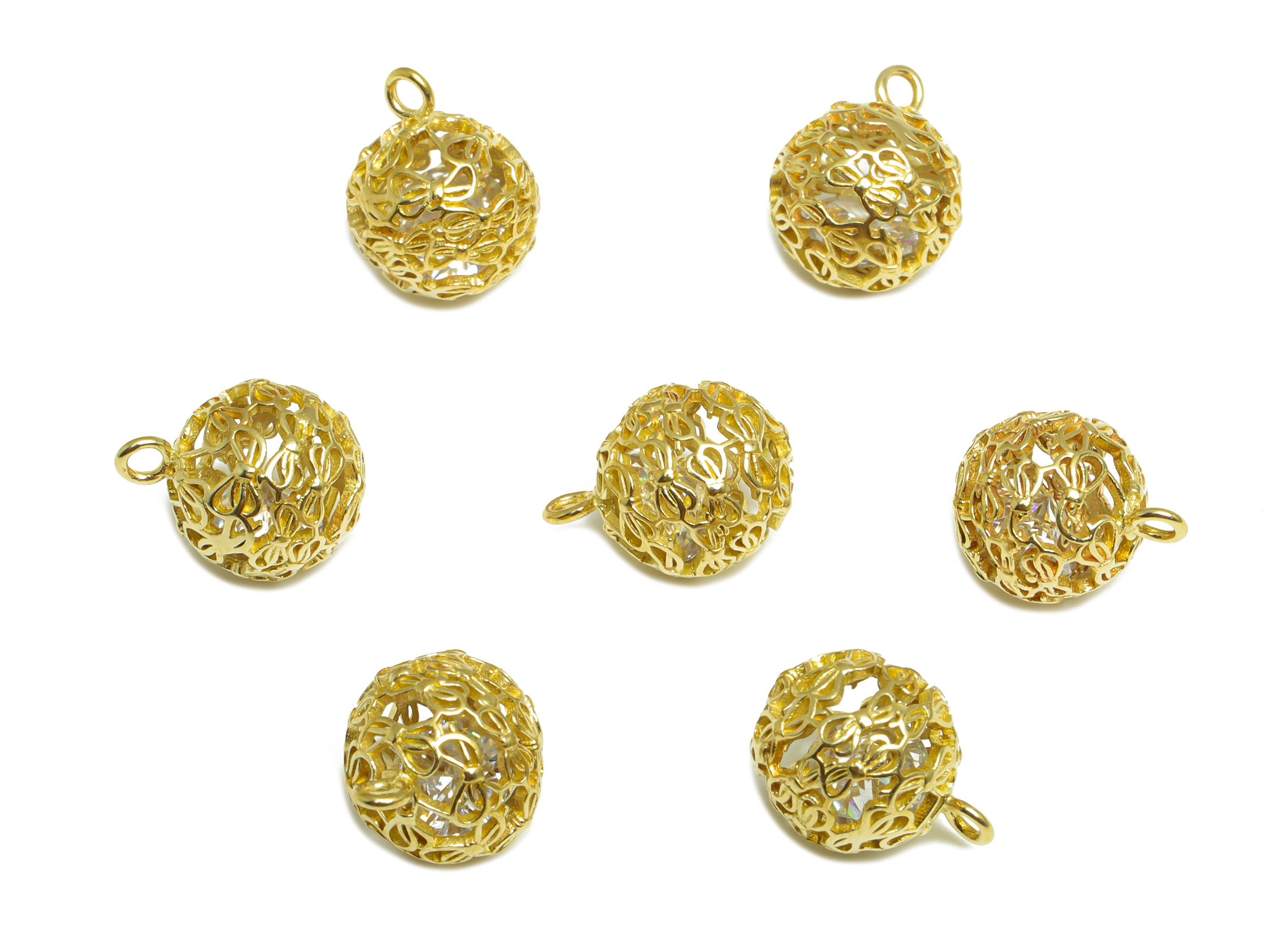 CZ Butterfly Bow Ball Pendant - Brass CZ Cage Football Earring Charm - Cubic Zircon Charms With Loop - For Necklace - 13x10x10mm - PP10095 - DOMEDBAZAAR