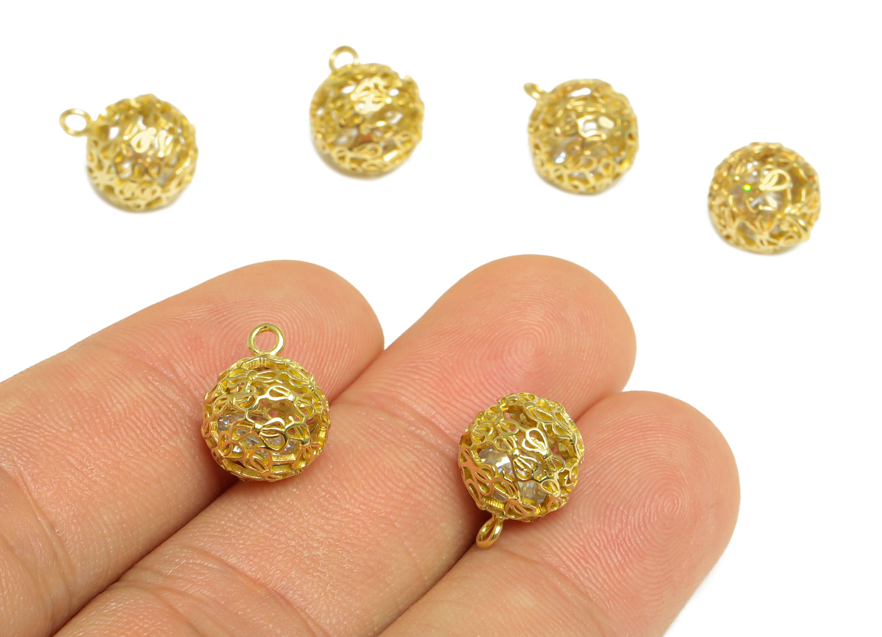 CZ Butterfly Bow Ball Pendant - Brass CZ Cage Football Earring Charm - Cubic Zircon Charms With Loop - For Necklace - 13x10x10mm - PP10095 - DOMEDBAZAAR