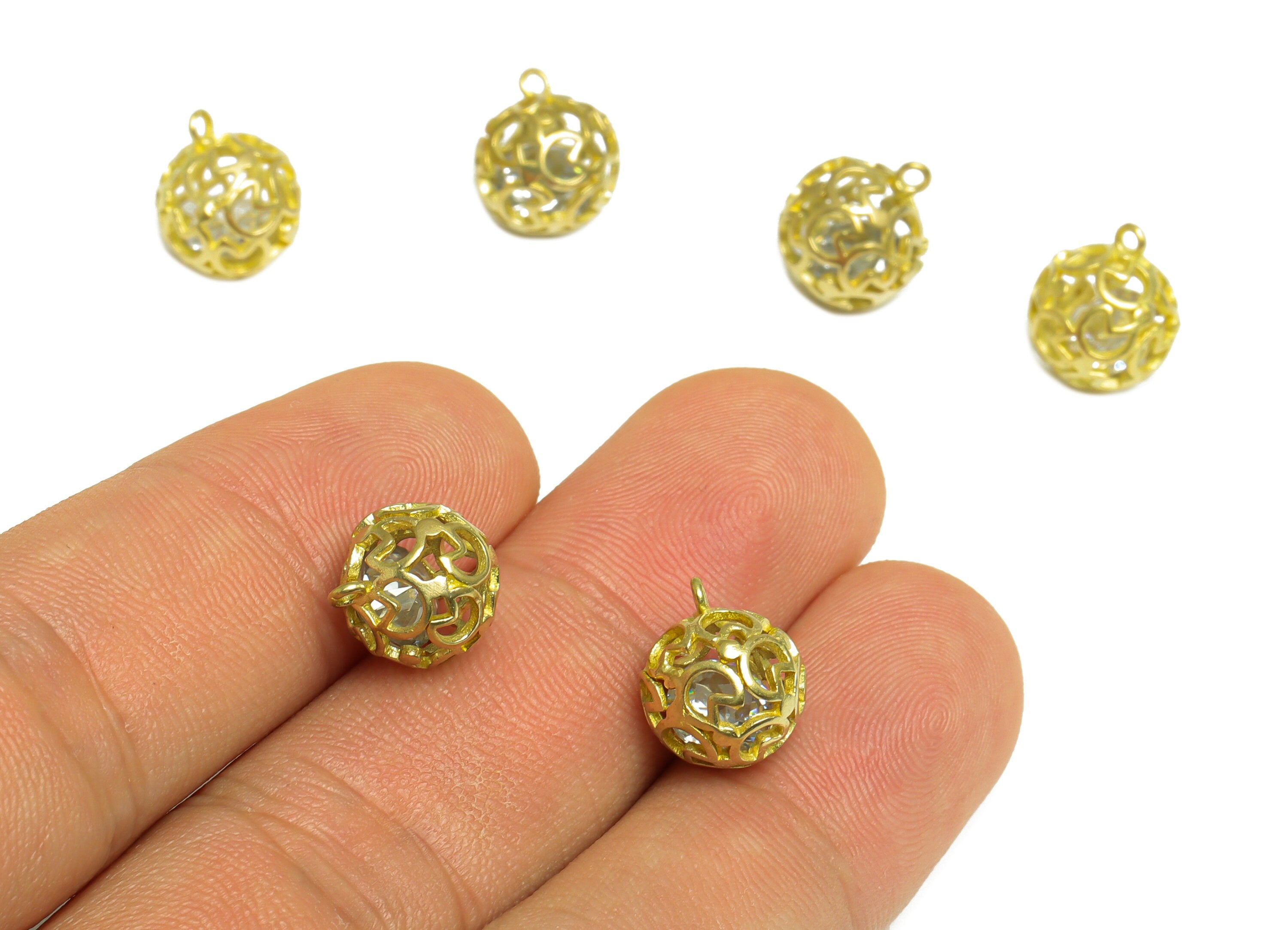 CZ Heart Ball Pendant - Brass CZ Cage Football Earring Charm - Cubic Zircon Charms With Loop - For Necklace - 12x9.5x9.5mm - PP10055 - DOMEDBAZAAR