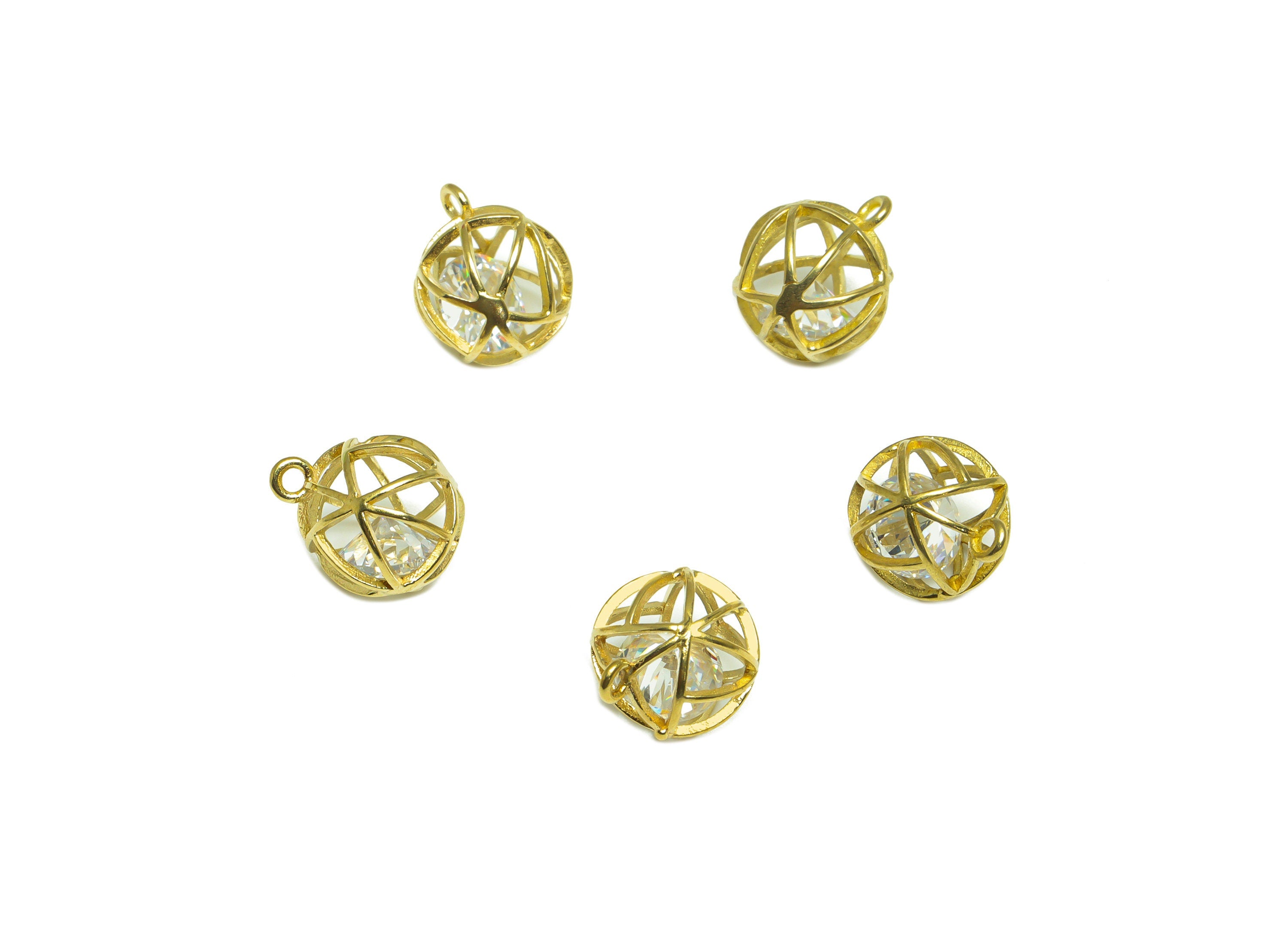 CZ Diamond Triangle Ball Pendant - Brass CZ Cage Football Earring Charm - Cubic Zircon Charms With Loop - For Necklace - 11x9x10mm - PP10070 - DOMEDBAZAAR