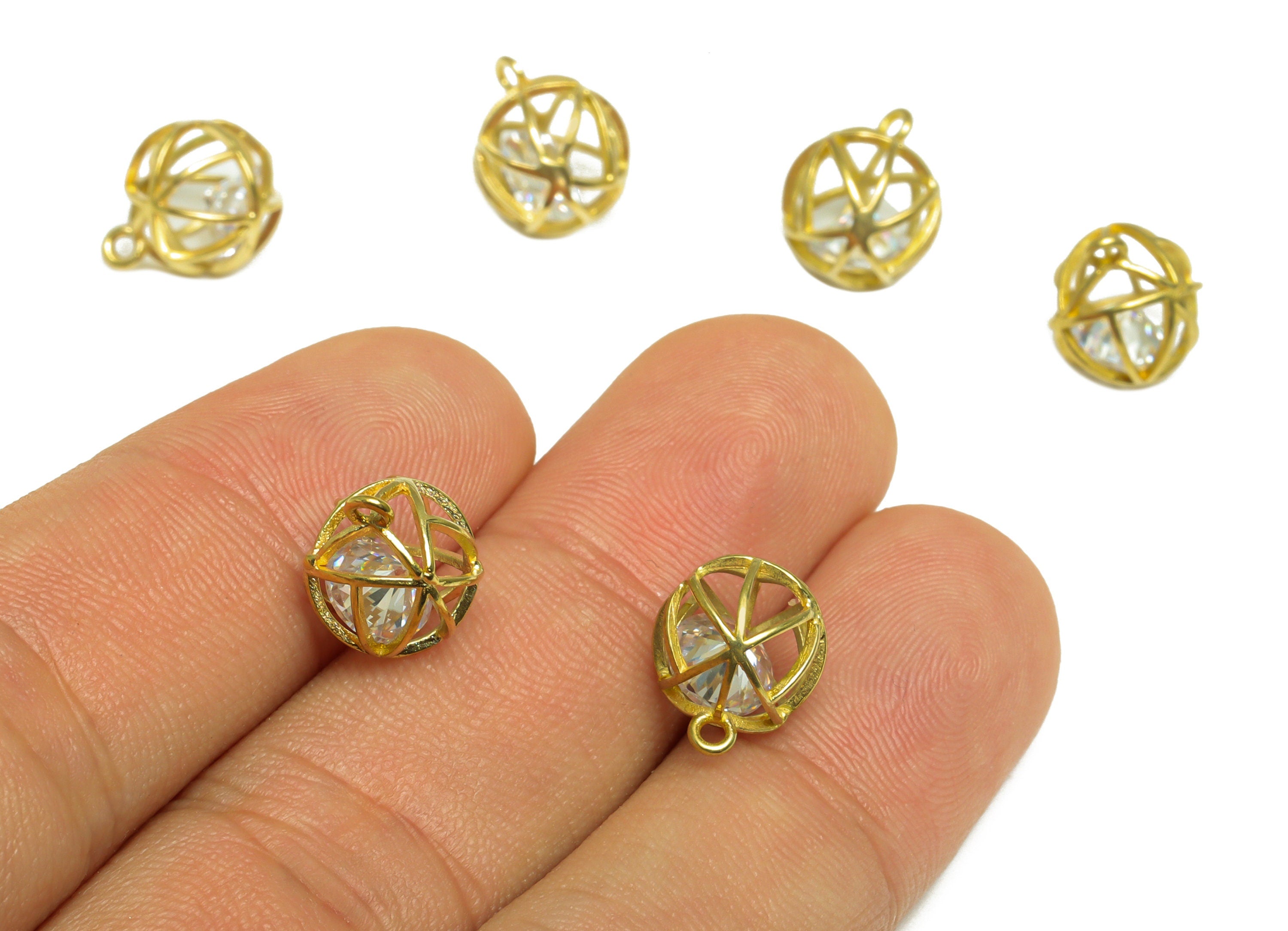 CZ Diamond Triangle Ball Pendant - Brass CZ Cage Football Earring Charm - Cubic Zircon Charms With Loop - For Necklace - 11x9x10mm - PP10070 - DOMEDBAZAAR