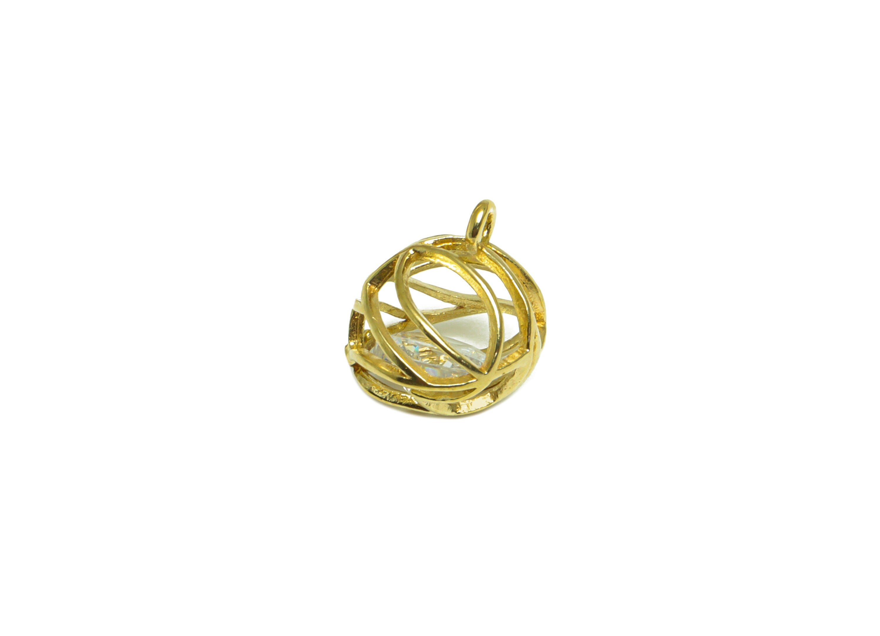 CZ Diamond Ball Pendant - Brass CZ Cage Football Earring Charm - Cubic Zircon Charms With Loop - For Necklace - 12x9.9x9.9mm - PP10069 - DOMEDBAZAAR