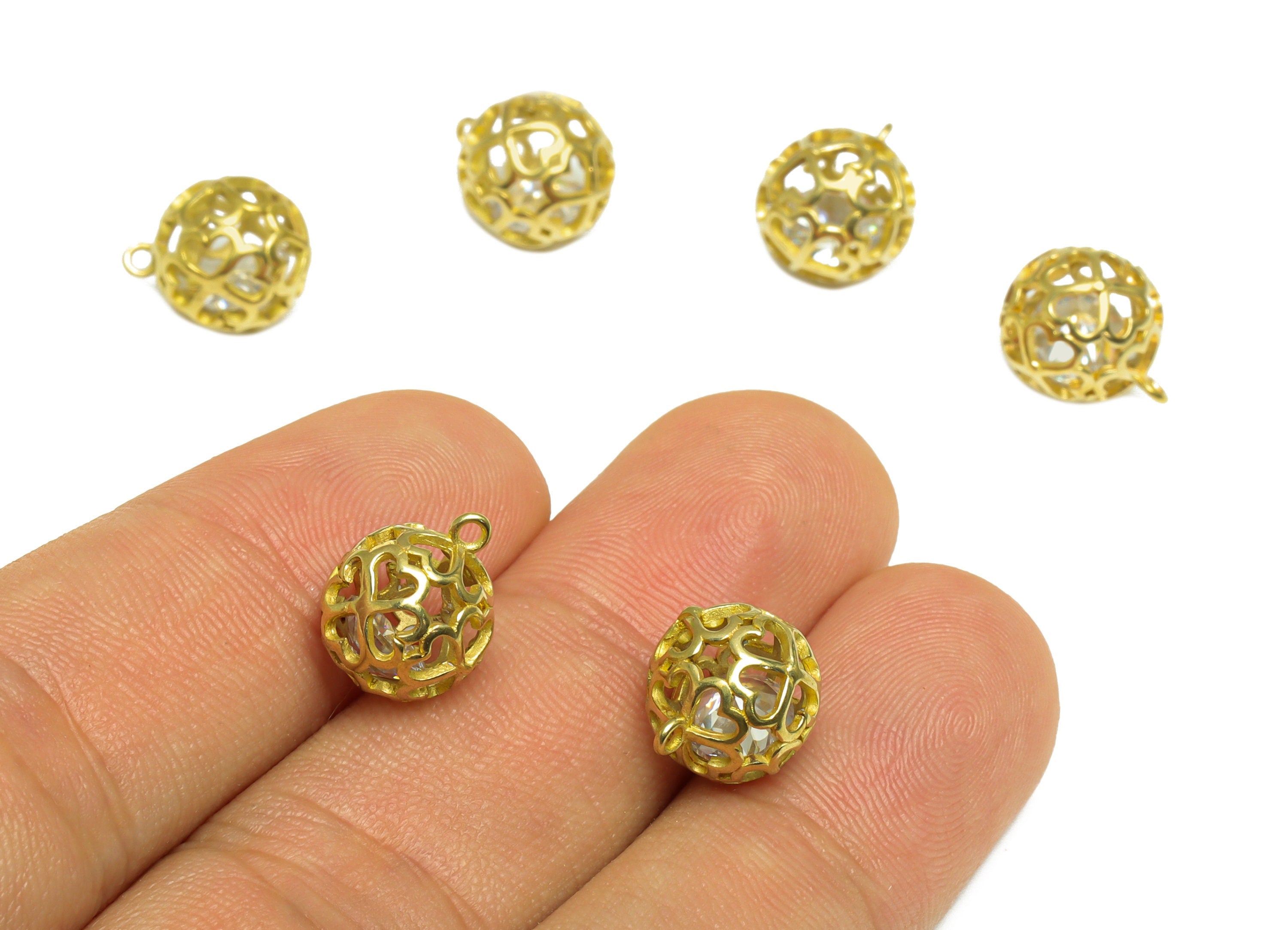 CZ Diamond Heart Ball Pendant - Brass CZ Cage Football Earring Charm - Cubic Zircon Charms With Loop - For Necklace - 12.5x10x10mm - PP10054 - DOMEDBAZAAR