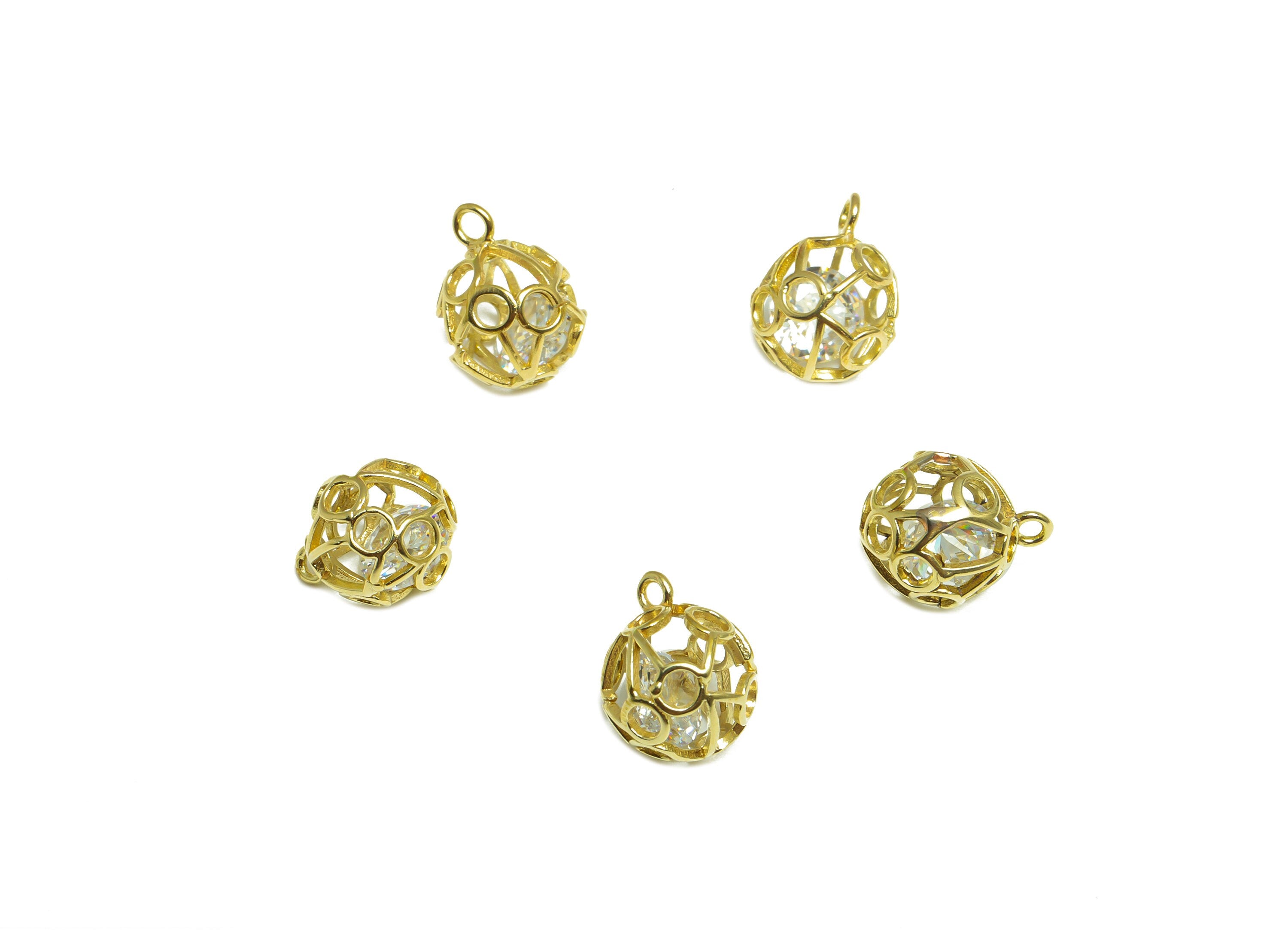 CZ Diamond Round Ball Pendant - Brass CZ Cage Football Earring Charm - Cubic Zircon Charms With Loop - For Necklace - 12.5x10x10mm - PP10092 - DOMEDBAZAAR