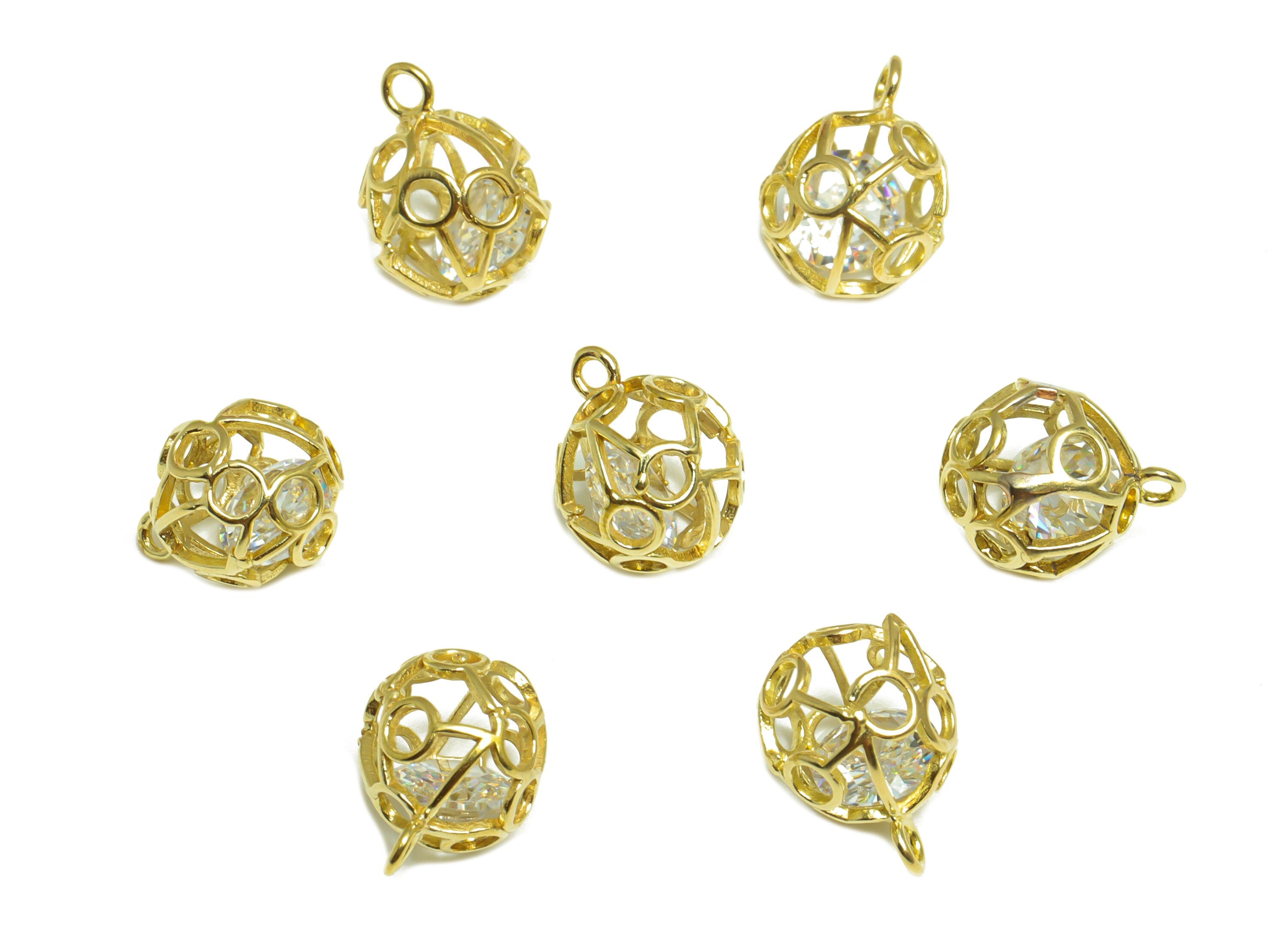 CZ Diamond Round Ball Pendant - Brass CZ Cage Football Earring Charm - Cubic Zircon Charms With Loop - For Necklace - 12.5x10x10mm - PP10092 - DOMEDBAZAAR