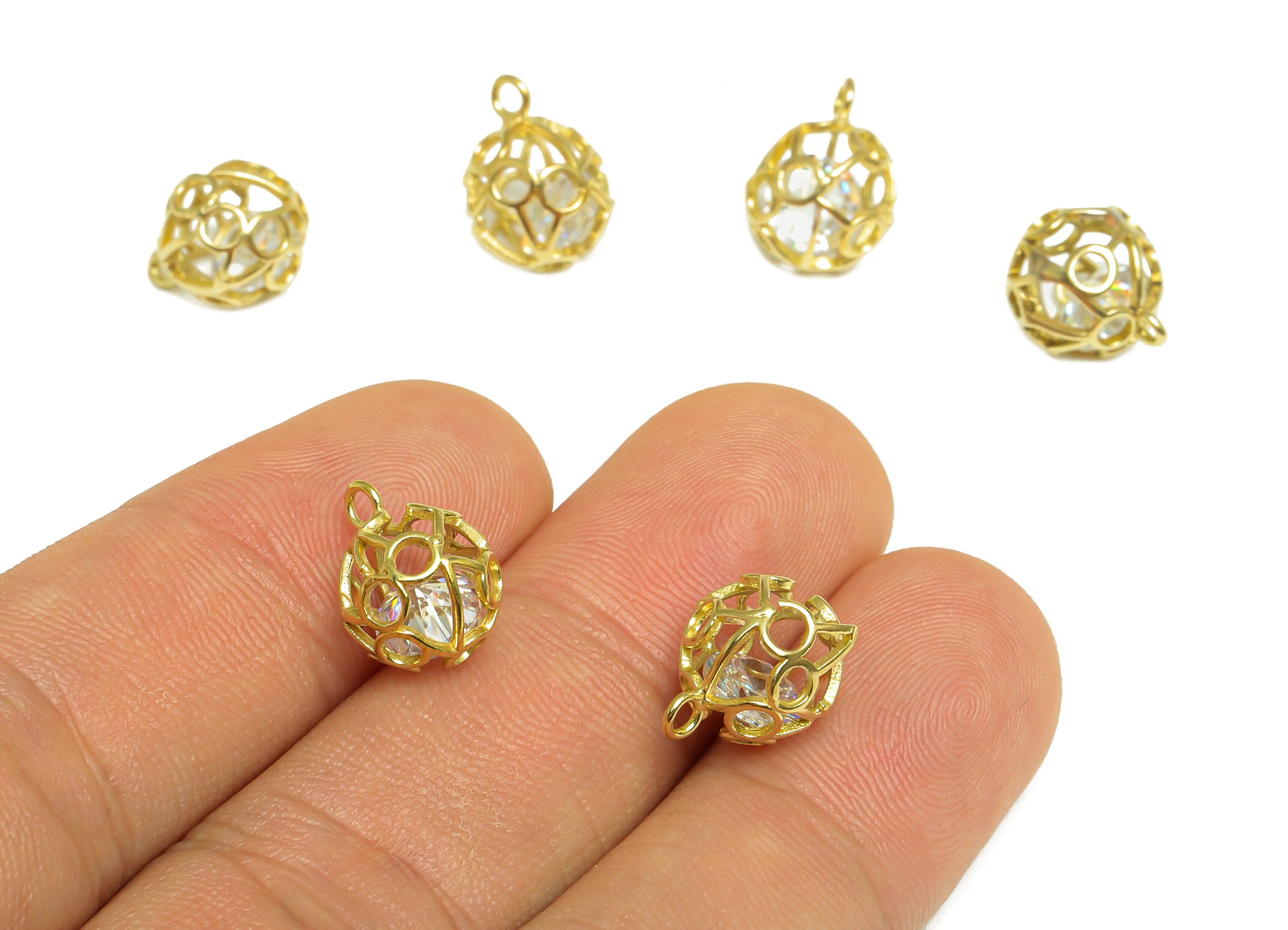 CZ Diamond Round Ball Pendant - Brass CZ Cage Football Earring Charm - Cubic Zircon Charms With Loop - For Necklace - 12.5x10x10mm - PP10092 - DOMEDBAZAAR