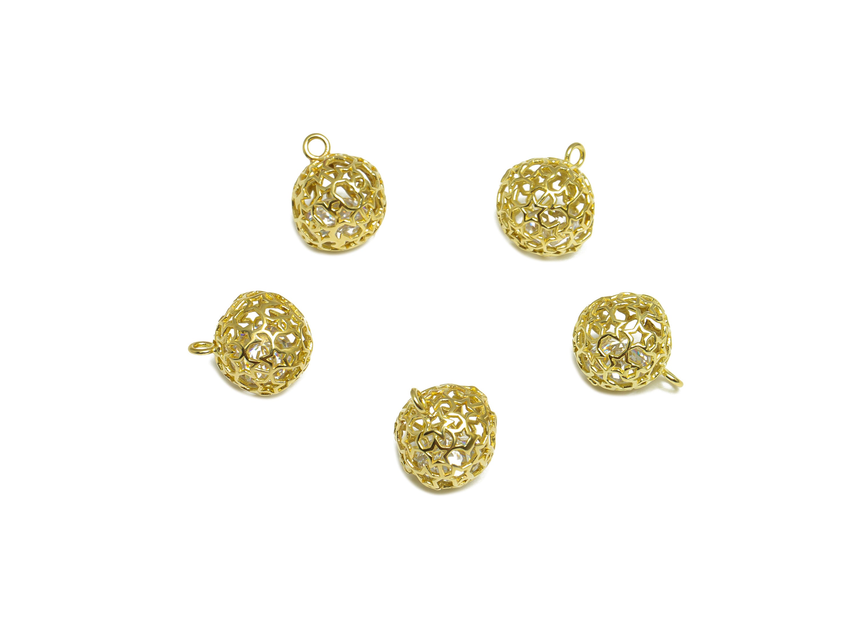 CZ Diamond Star Ball Pendant - Brass CZ Cage Football Earring Charm - Cubic Zircon Charms With Loop - For Necklace - 12.7x11x11mm - PP10086 - DOMEDBAZAAR