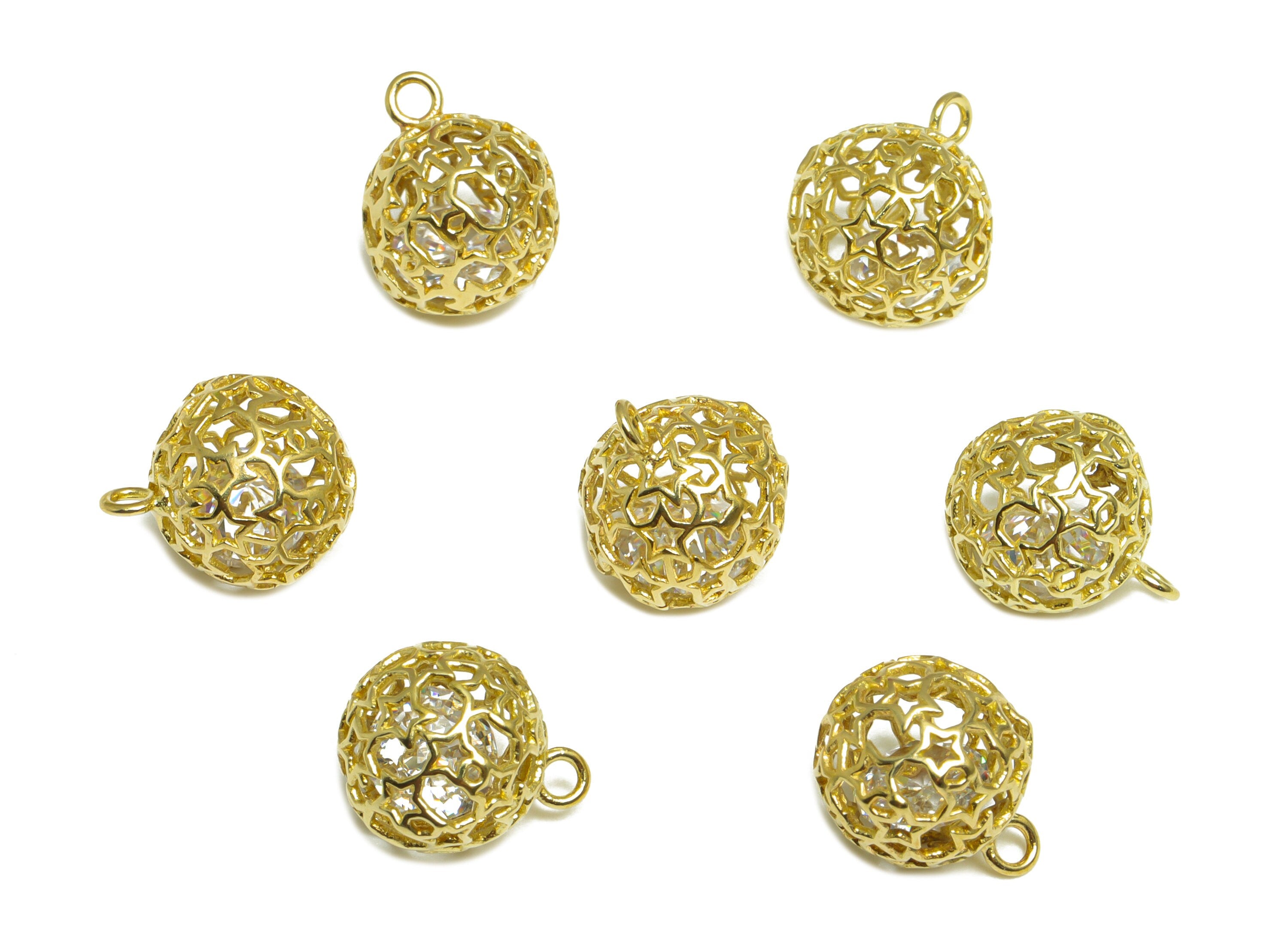 CZ Diamond Star Ball Pendant - Brass CZ Cage Football Earring Charm - Cubic Zircon Charms With Loop - For Necklace - 12.7x11x11mm - PP10086 - DOMEDBAZAAR