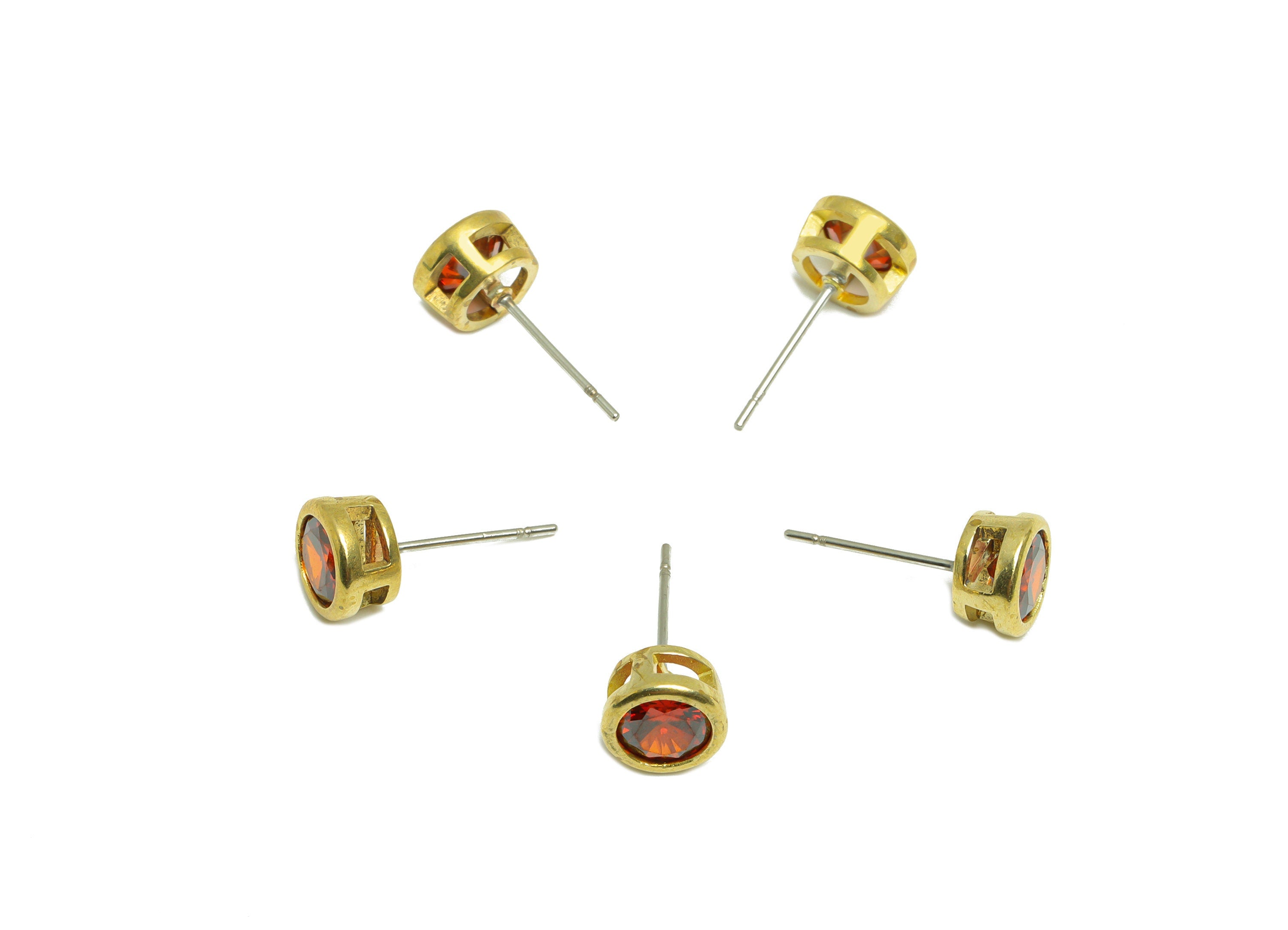 Deep Garnet (CZ-13D) Zircon Earring Stud - Raw Brass Round Earring Post - Cubic Zircon Earring Post - 16.6x7.68x5.5mm - PP9682G - DOMEDBAZAAR