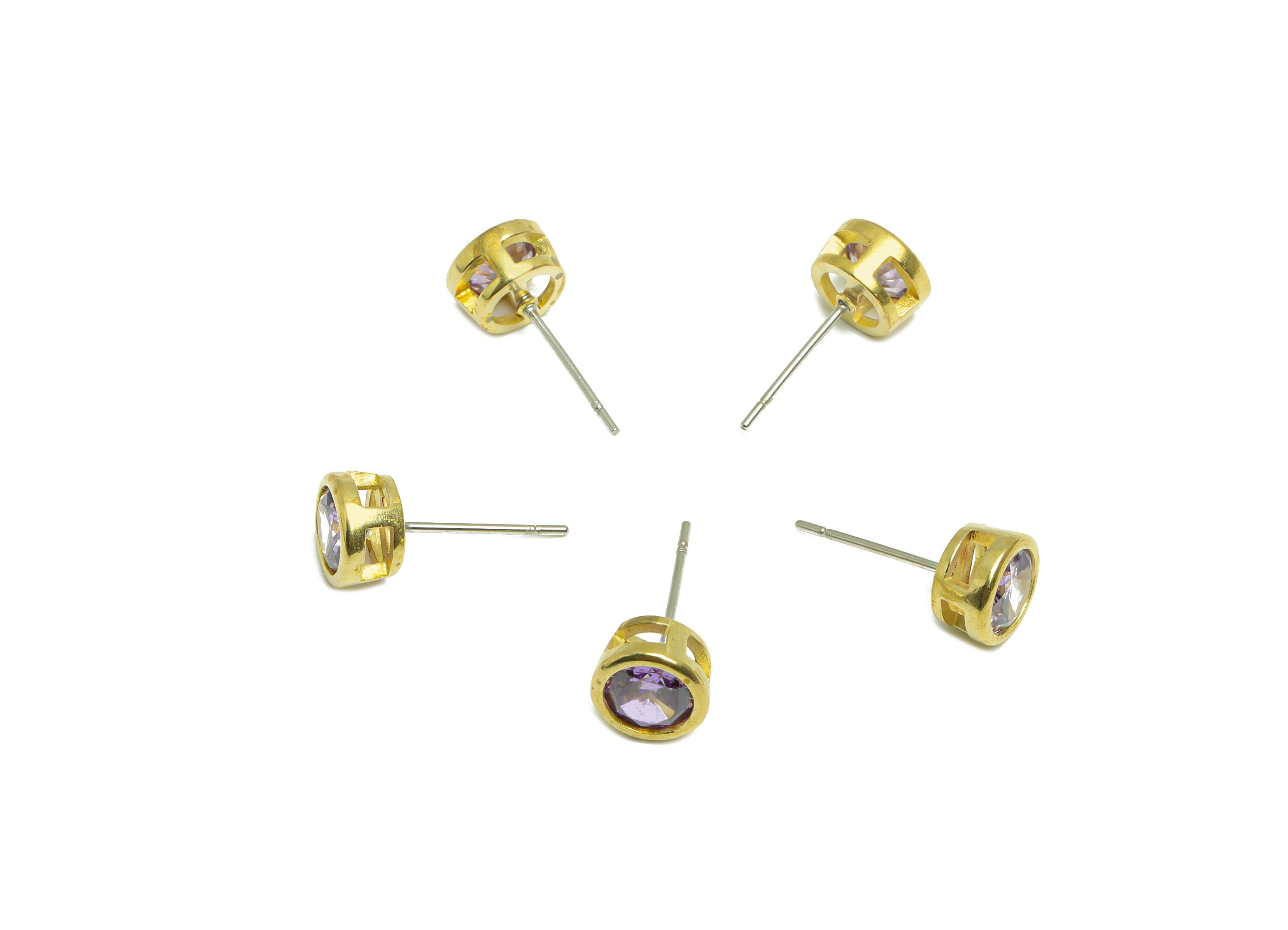light Amethyst (CZ-09L) Zircon Earring Stud - Raw Brass Round Earring Post - Cubic Zircon Earring Post - 16.6x7.68x5.5mm - PP9682Y - DOMEDBAZAAR