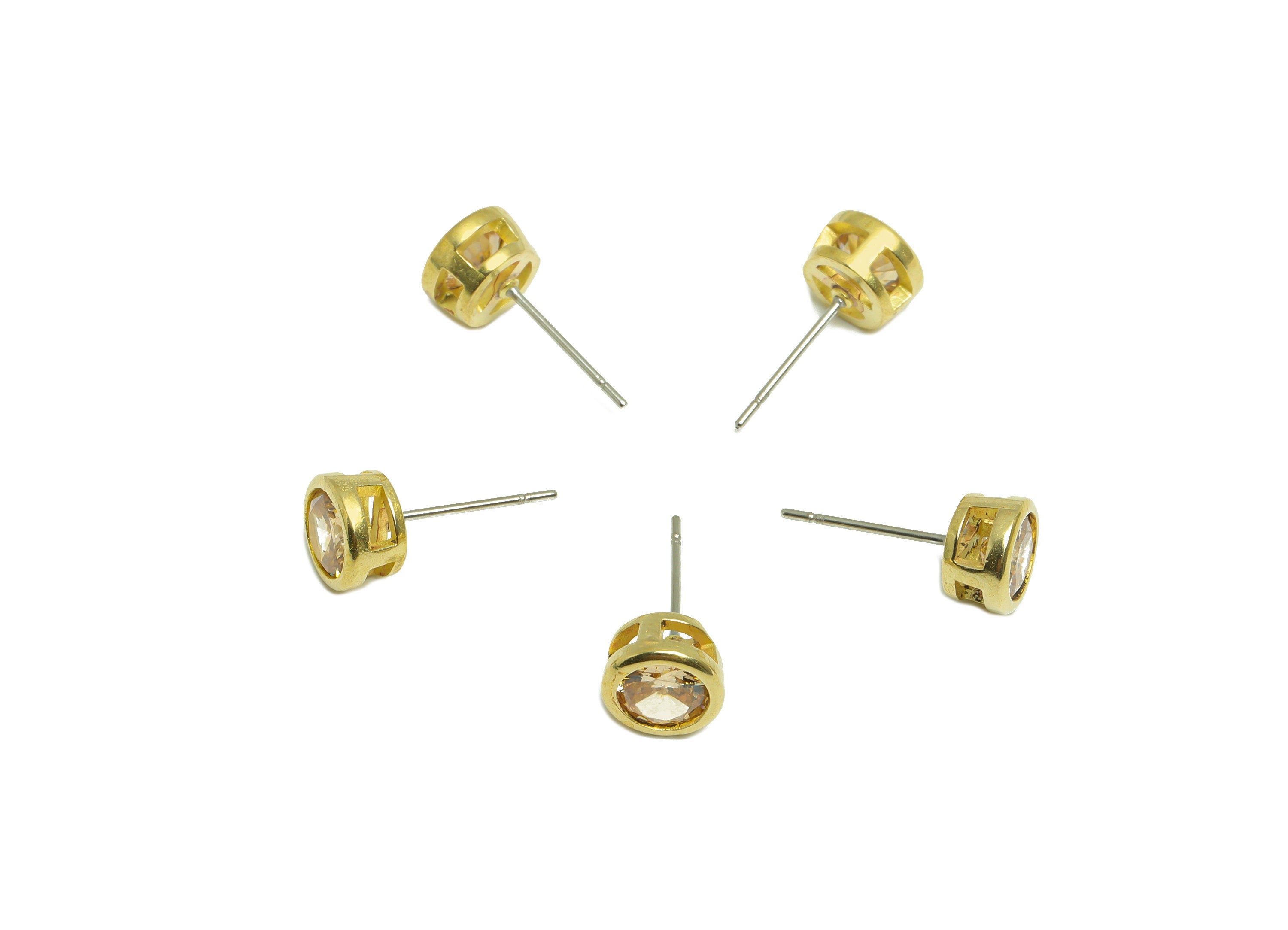 Champagne(CZ-19) Zircon Earring Stud - Raw Brass Round Earring Post - Cubic Zircon Earring Post - 16.6x7.68x5.5mm - PP9682X - DOMEDBAZAAR