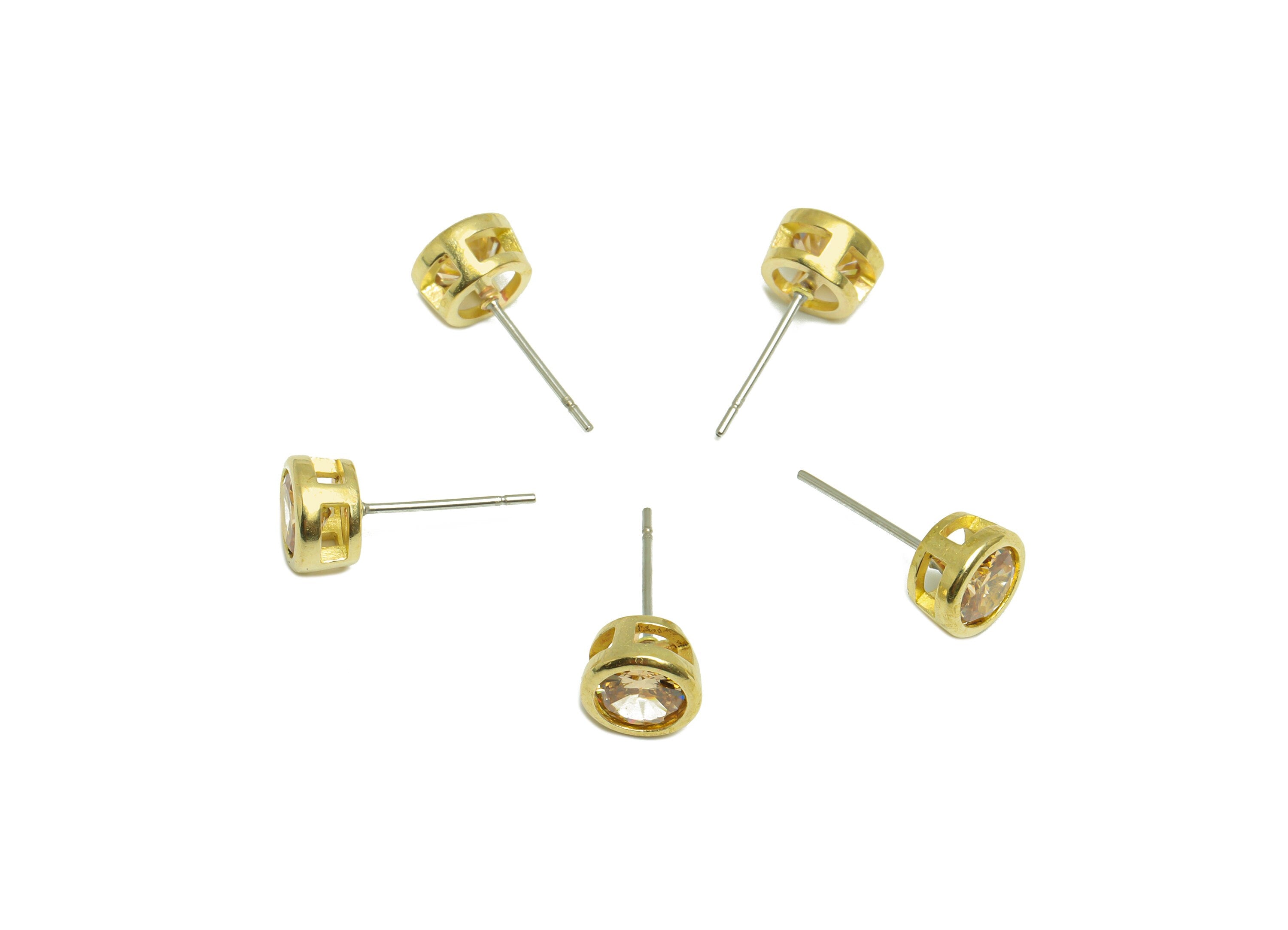 Champagne (CZ-19) Zircon Earring Stud - Raw Brass Round Earring Post - Cubic Zircon Earring Post - 16.6x7.68x5.5mm - PP9682R - DOMEDBAZAAR