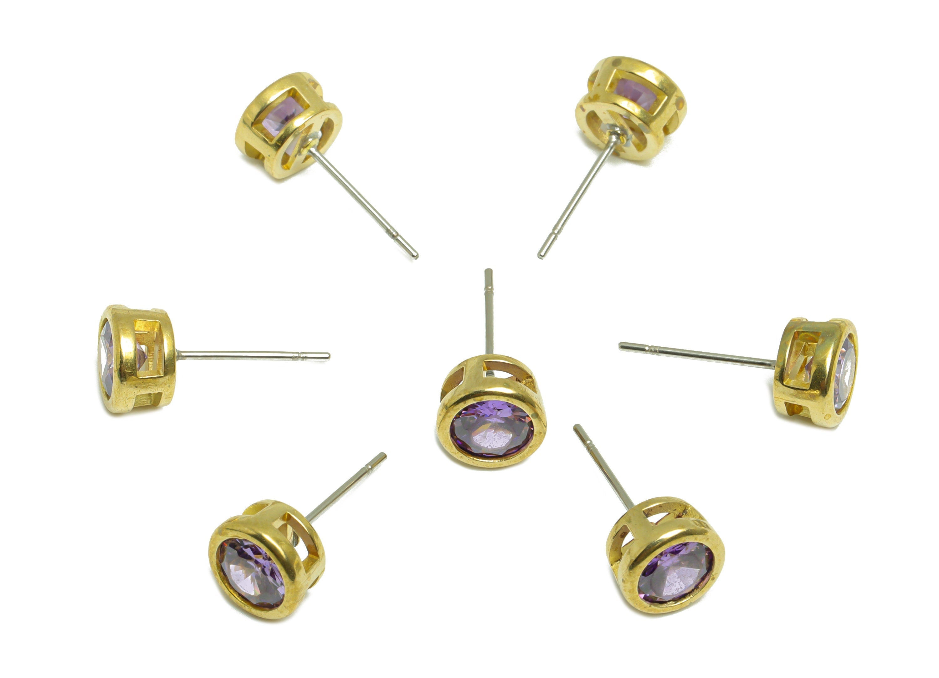Amethyst (CZ-09) Zircon Earring Stud - Raw Brass Round Earring Post - Cubic Zircon Earring Post - 16.6x7.68x5.5mm - PP9682Q - DOMEDBAZAAR