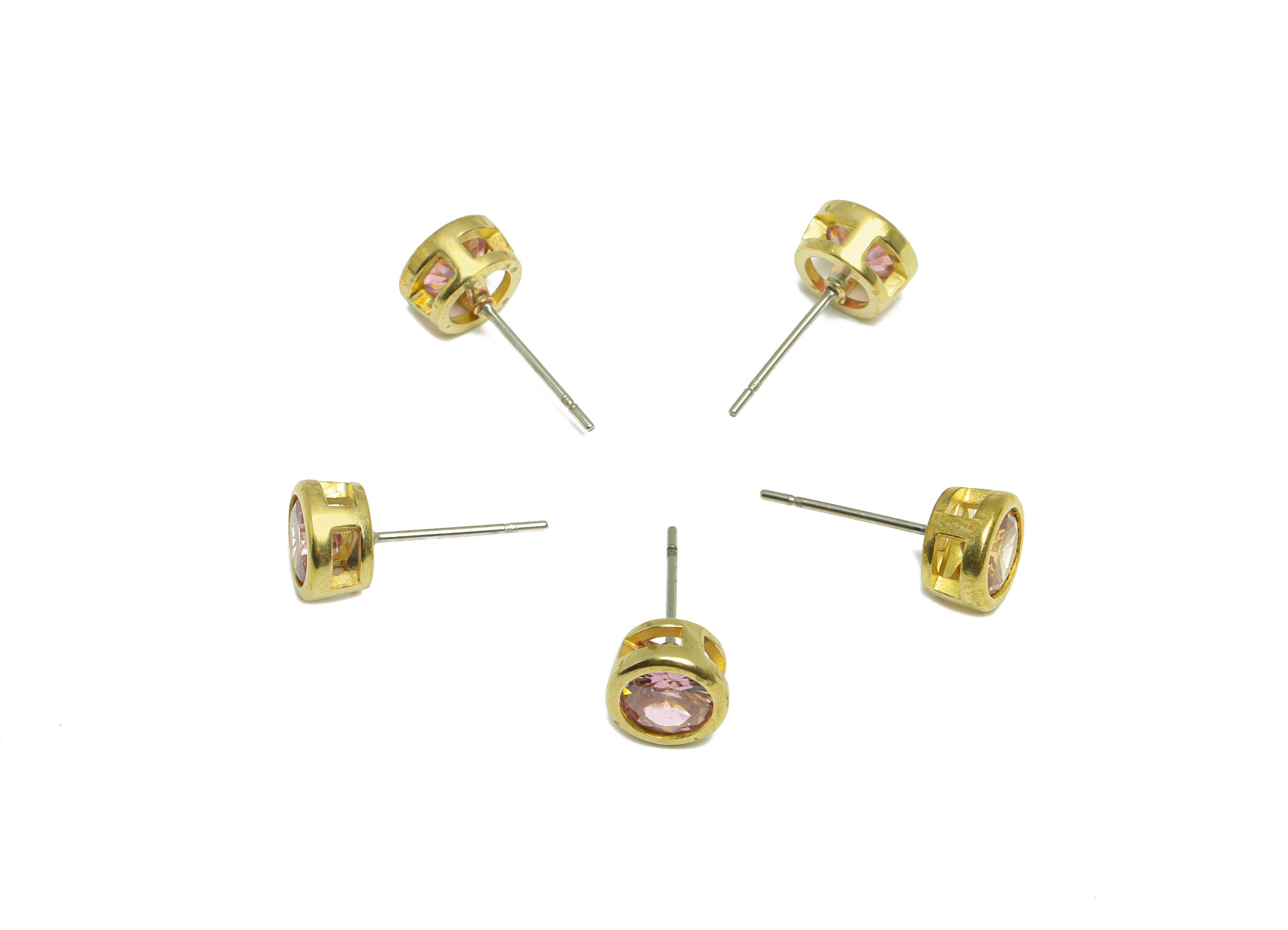 Pink (CZ-01) Zircon Earring Stud - Raw Brass Round Earring Post - Cubic Zircon Earring Post - 16.6x7.68x5.5mm - PP9682C - DOMEDBAZAAR