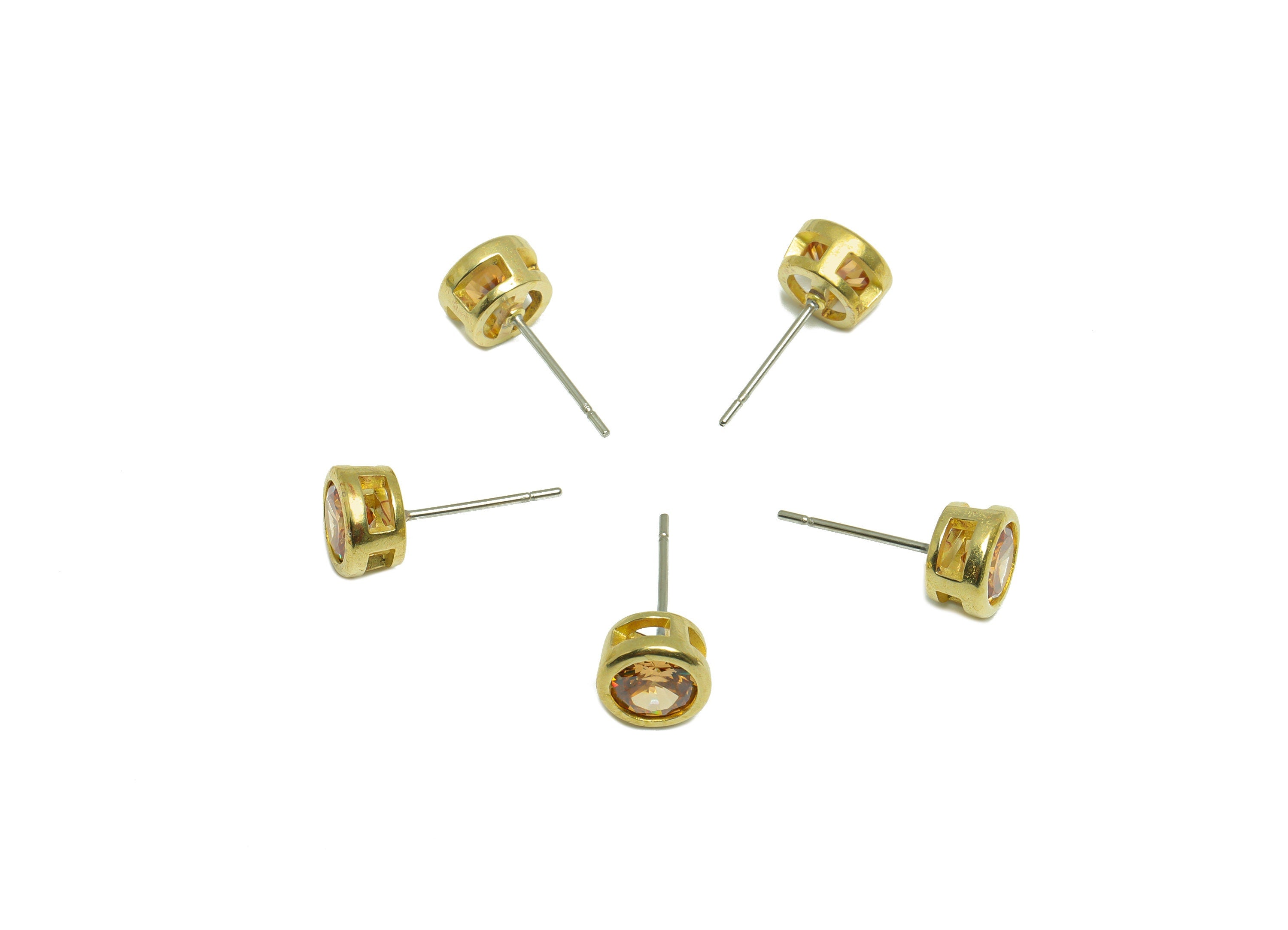 D- Champagne(CZ-20) Zircon Earring Stud - Raw Brass Round CZ Earring Post - Cubic Zircon Earring Post - 16.6x7.68x5.5mm - PP9682U - DOMEDBAZAAR