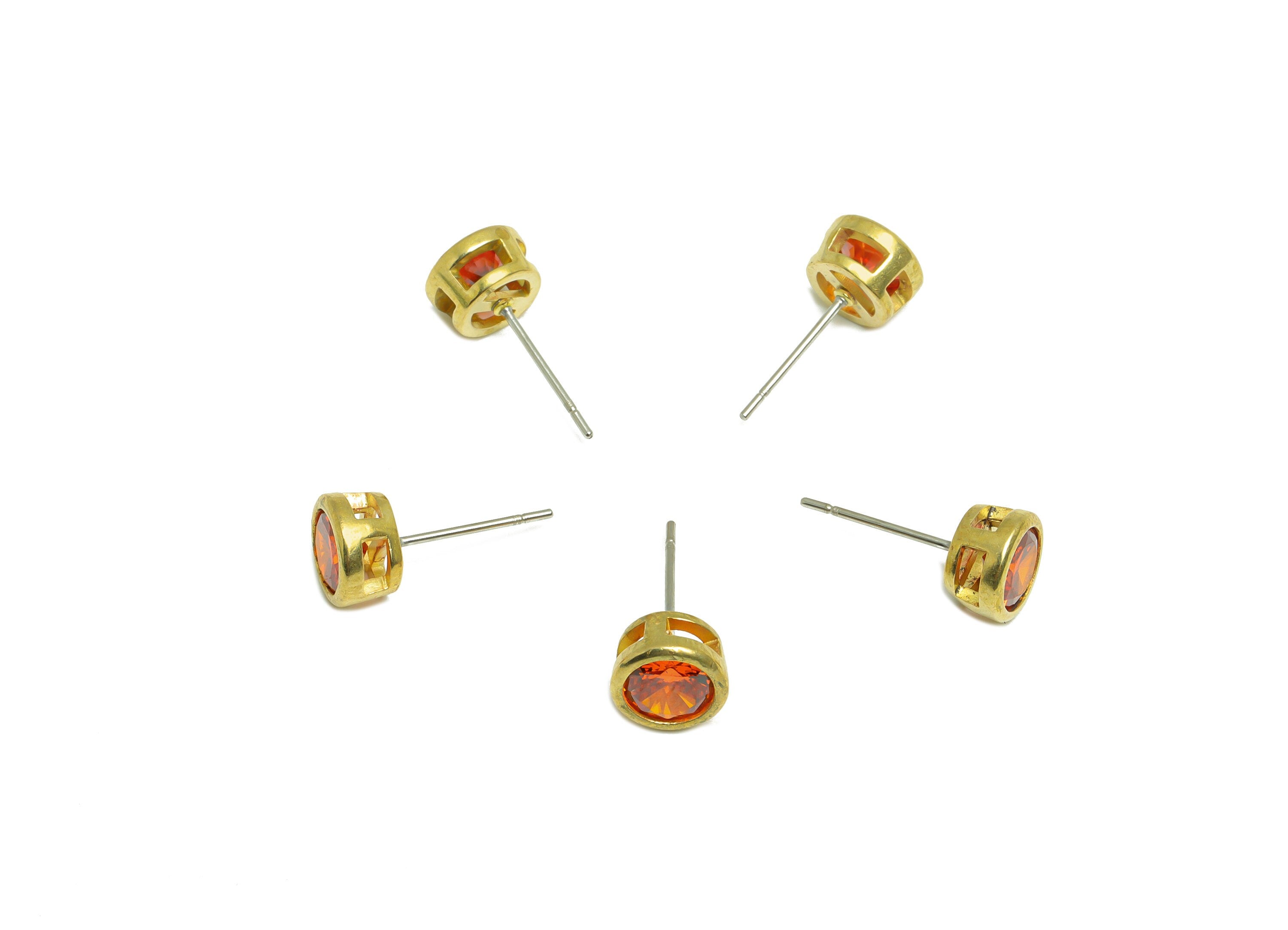 Light orange (CZ-11L)Zircon Earring Stud - Raw Brass Round CZ Earring Post - Cubic Zircon Earring Post - 16.6x7.68x5.5mm - PP9682J - DOMEDBAZAAR
