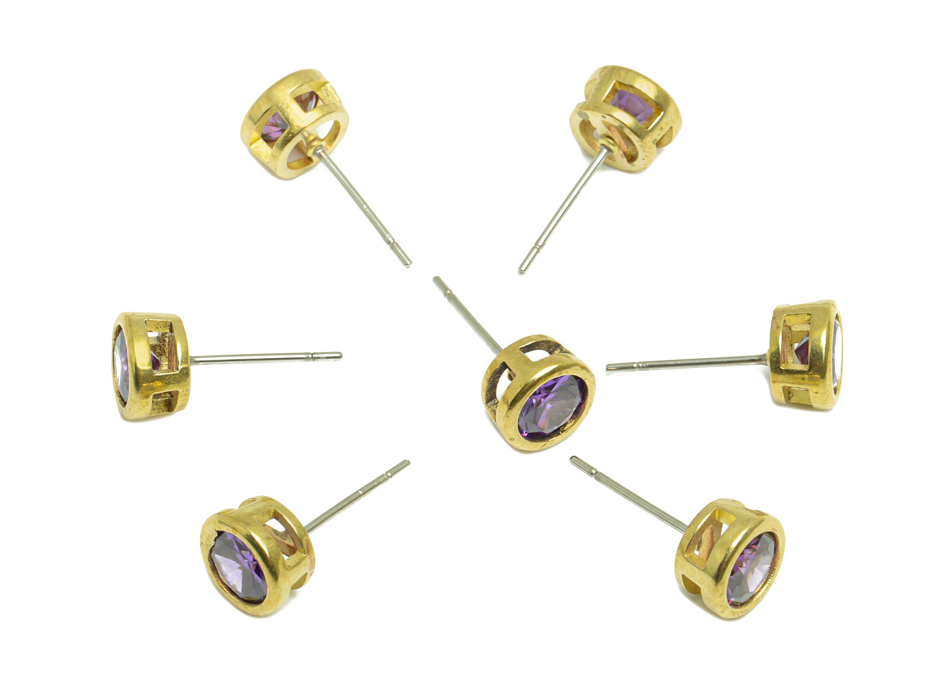 Deep Violet (CZ-08) Zircon Earring Stud - Raw Brass Round CZ Earring Post - Cubic Zircon Earring Post - 16.6x7.68x5.5mm - PP9682S - DOMEDBAZAAR