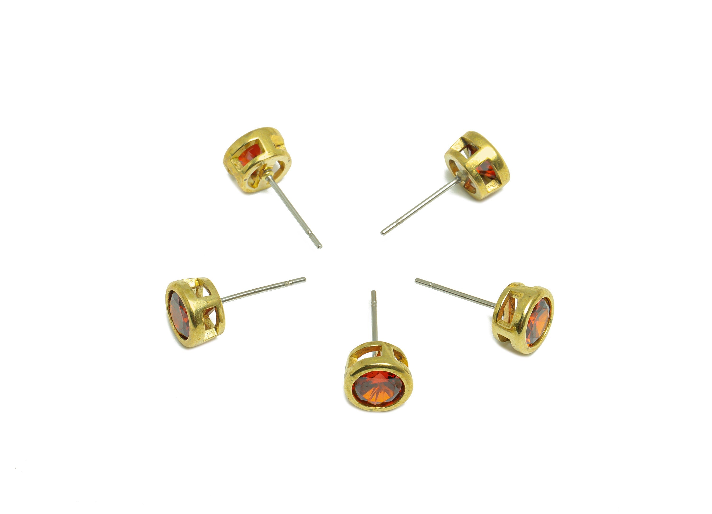 Garnet (CZ-13) Zircon Earring Stud - Raw Brass Round CZ Earring Post - Cubic Zircon Earring Post - 16.6x7.68x5.5mm - PP9682F - DOMEDBAZAAR