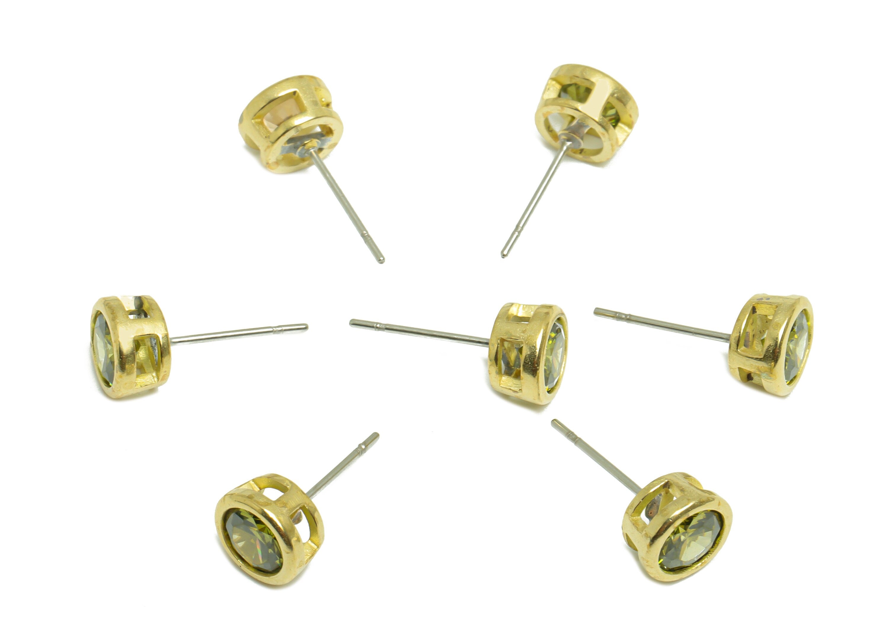 D-Peridot (CZ-16) Zircon Earring Stud - Raw Brass Round CZ Earring Post - Cubic Zircon Earring Post - 16.6x7.68x5.5mm - PP9682L - DOMEDBAZAAR