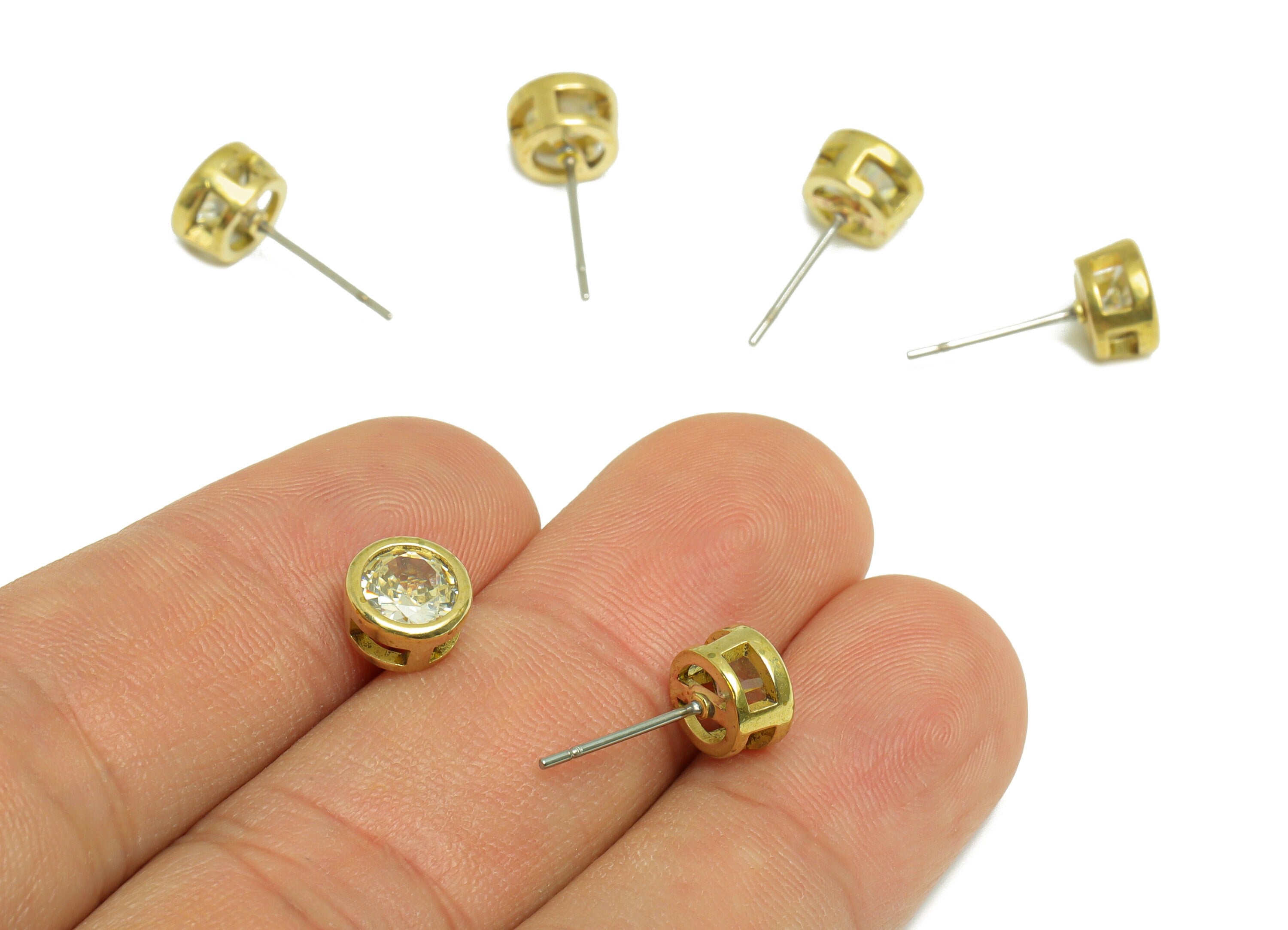 Lemon (CZ-03) Zircon Earring Stud - Raw Brass Round CZ Earring Post - Cubic Zircon Earring Post - 16.6x7.68x5.5mm - PP9682D - DOMEDBAZAAR