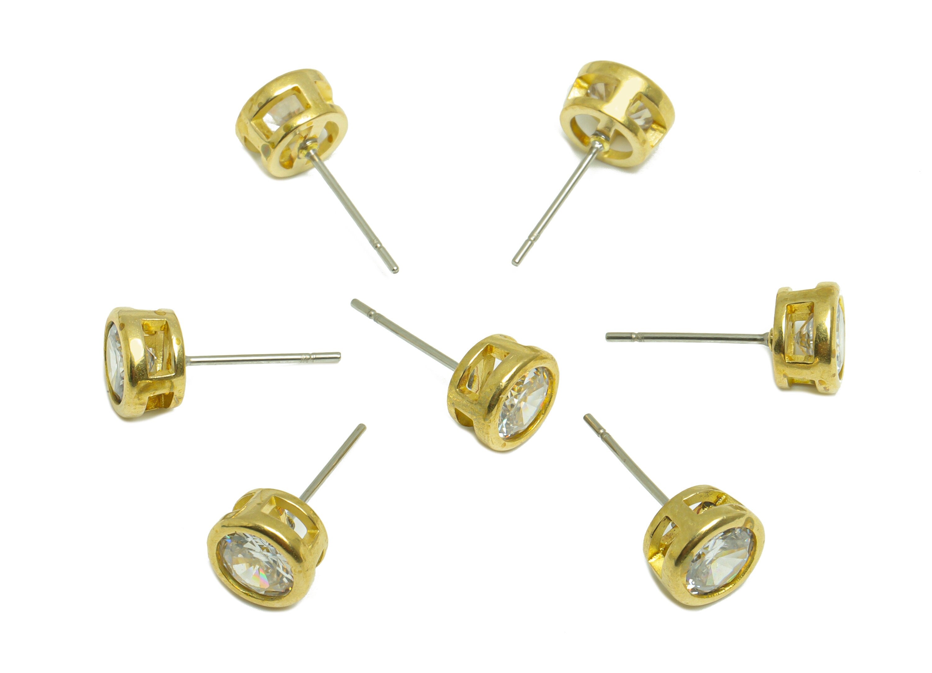 White(CZ-21) Zircon Earring Stud - Raw Brass Round CZ Earring Post - Cubic Zircon Earring Post - 16.6x7.68x5.5mm - PP9682A - DOMEDBAZAAR