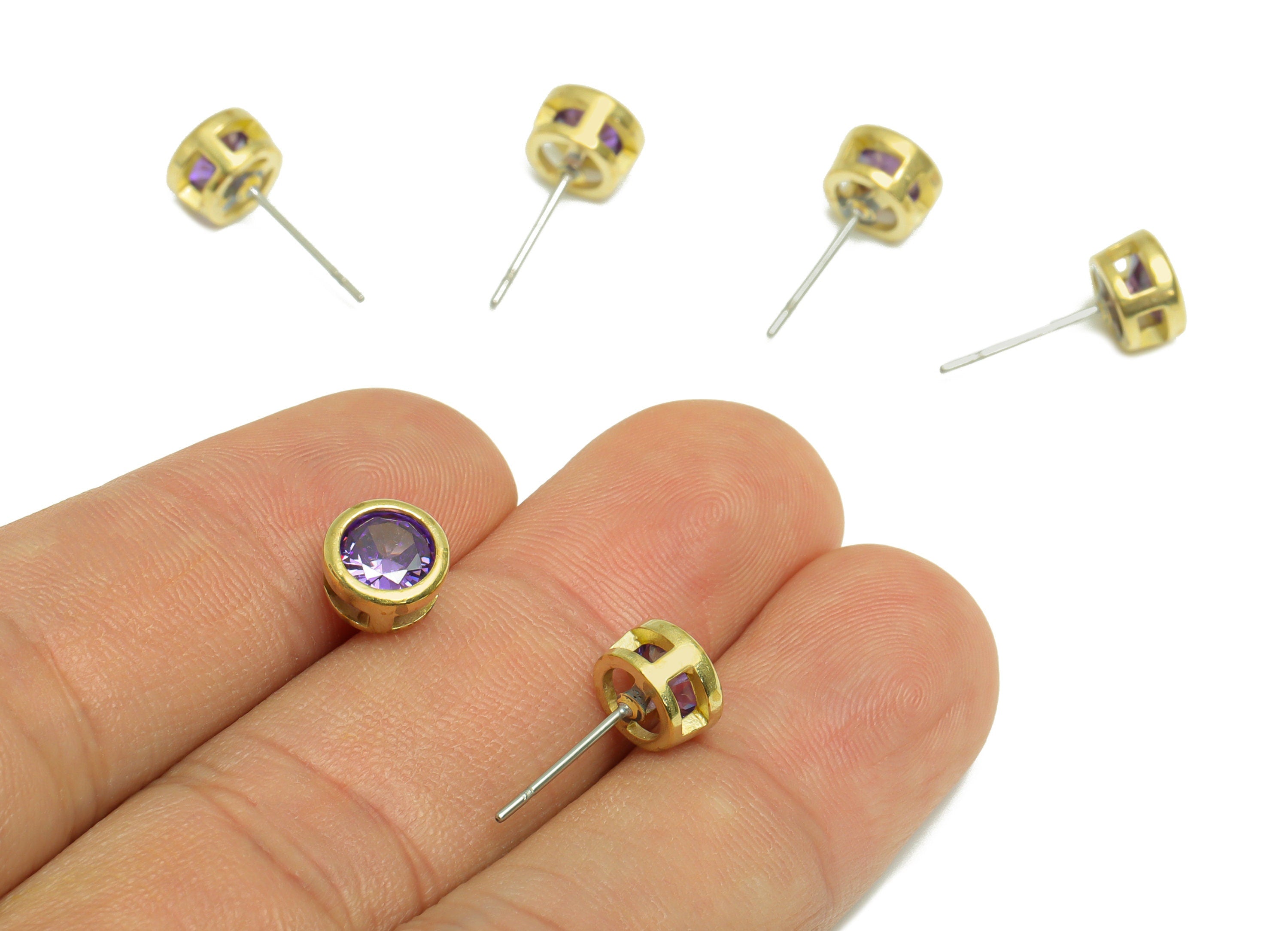 Violet (CZ-07) Zircon Earring Stud - Raw Brass Round Earring Post - Cubic Zircon Earring Post - 16.6x7.68x5.5mm - PP9682B - DOMEDBAZAAR