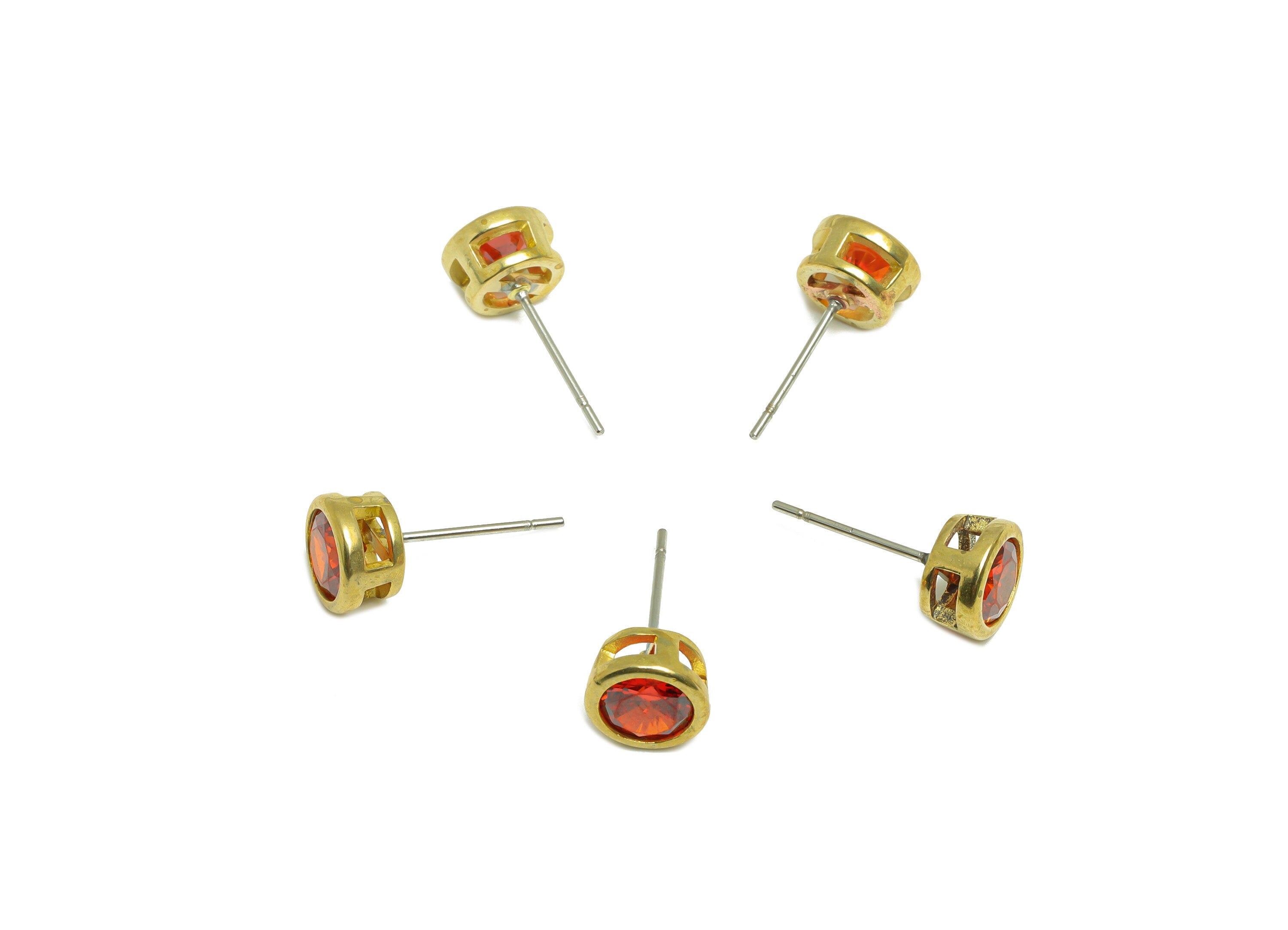 Orange Red (CZ-12) Zircon Earring Stud - Raw Brass Round CZ Earring Post - Cubic Zircon Earring Post - 16.6x7.68x5.5mm - PP9682H - DOMEDBAZAAR