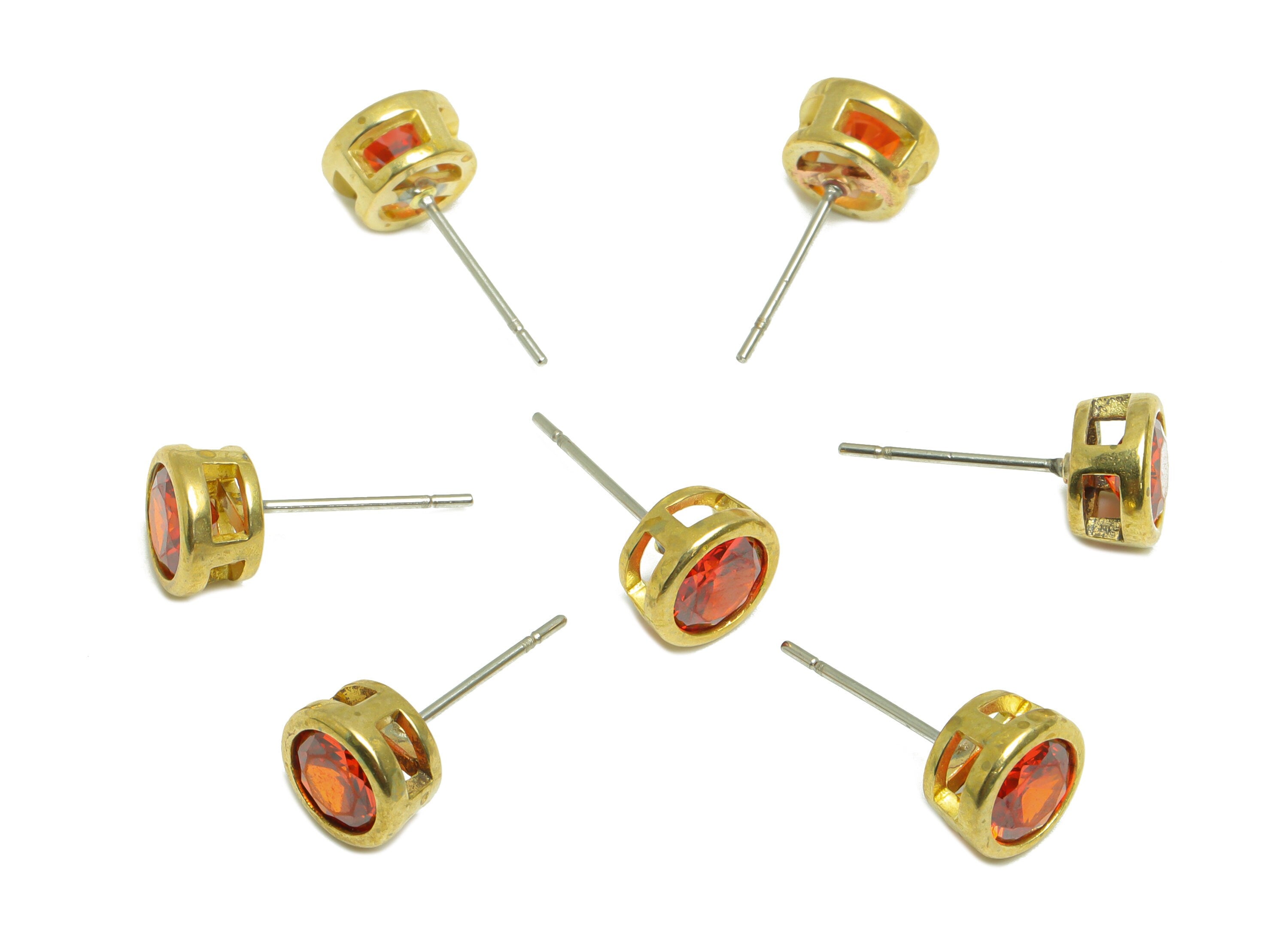 Orange Red (CZ-12) Zircon Earring Stud - Raw Brass Round CZ Earring Post - Cubic Zircon Earring Post - 16.6x7.68x5.5mm - PP9682H - DOMEDBAZAAR