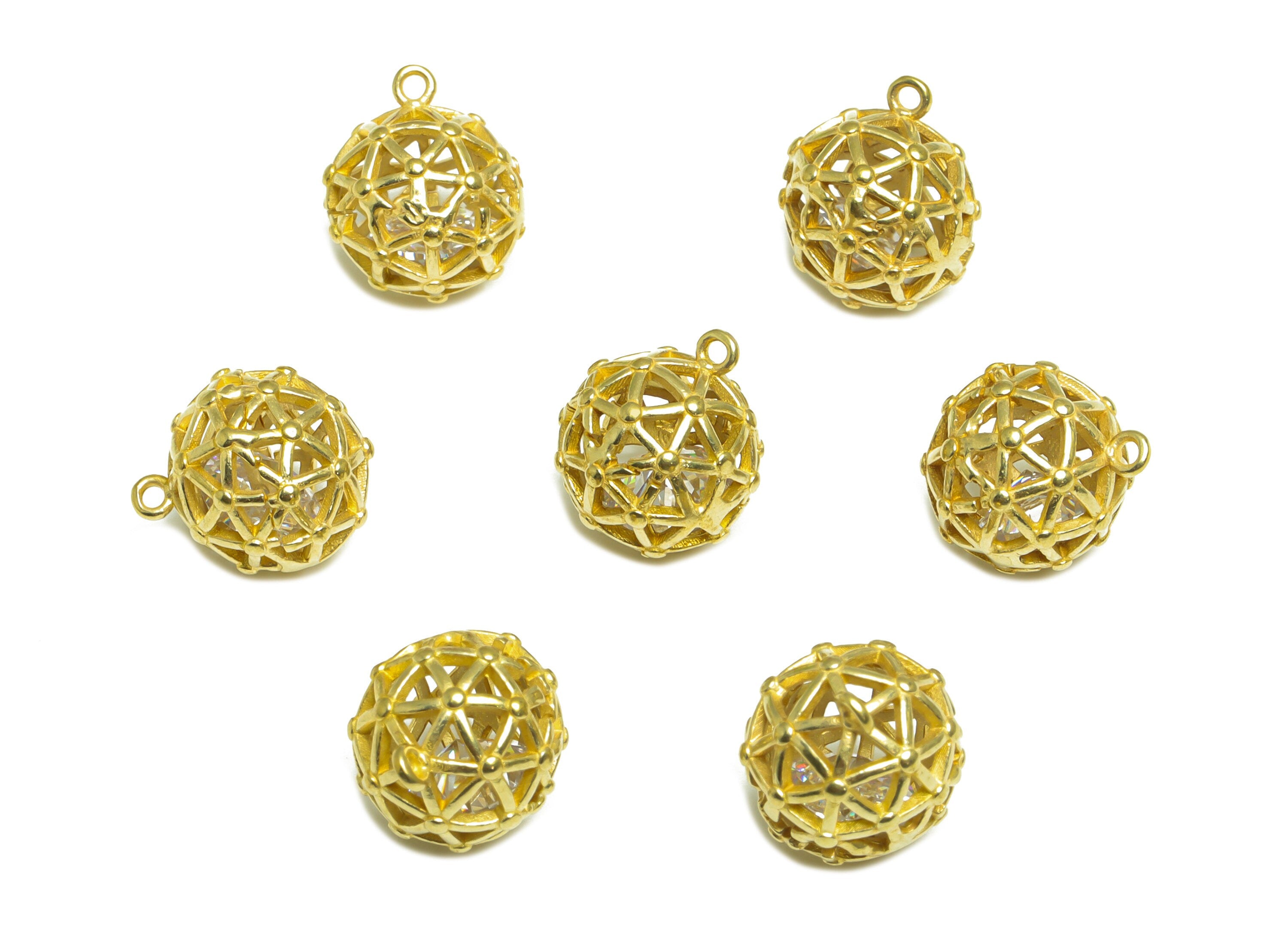 CZ Diamond Triangle Ball Pendant - Brass CZ Cage Football Earring Charm - Cubic Zircon Charms With Loop - For Necklace - 12x10x10mm -PP10052 - DOMEDBAZAAR