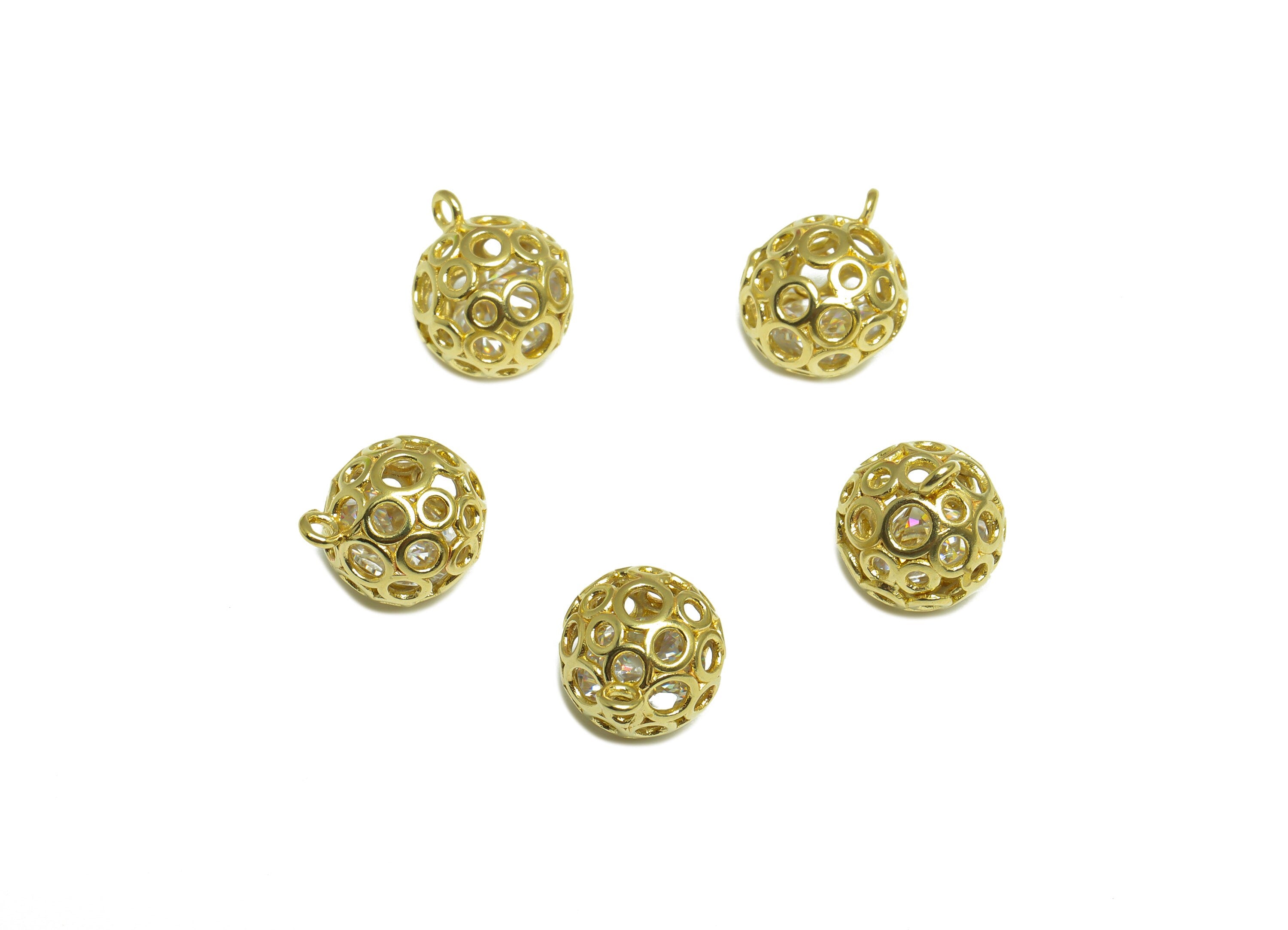 CZ Diamond Round Ball Pendant - Brass CZ Cage Football Earring Charm - Cubic Zircon Charms With Loop - For Necklace - 12.3x10x10mm - PP10085 - DOMEDBAZAAR