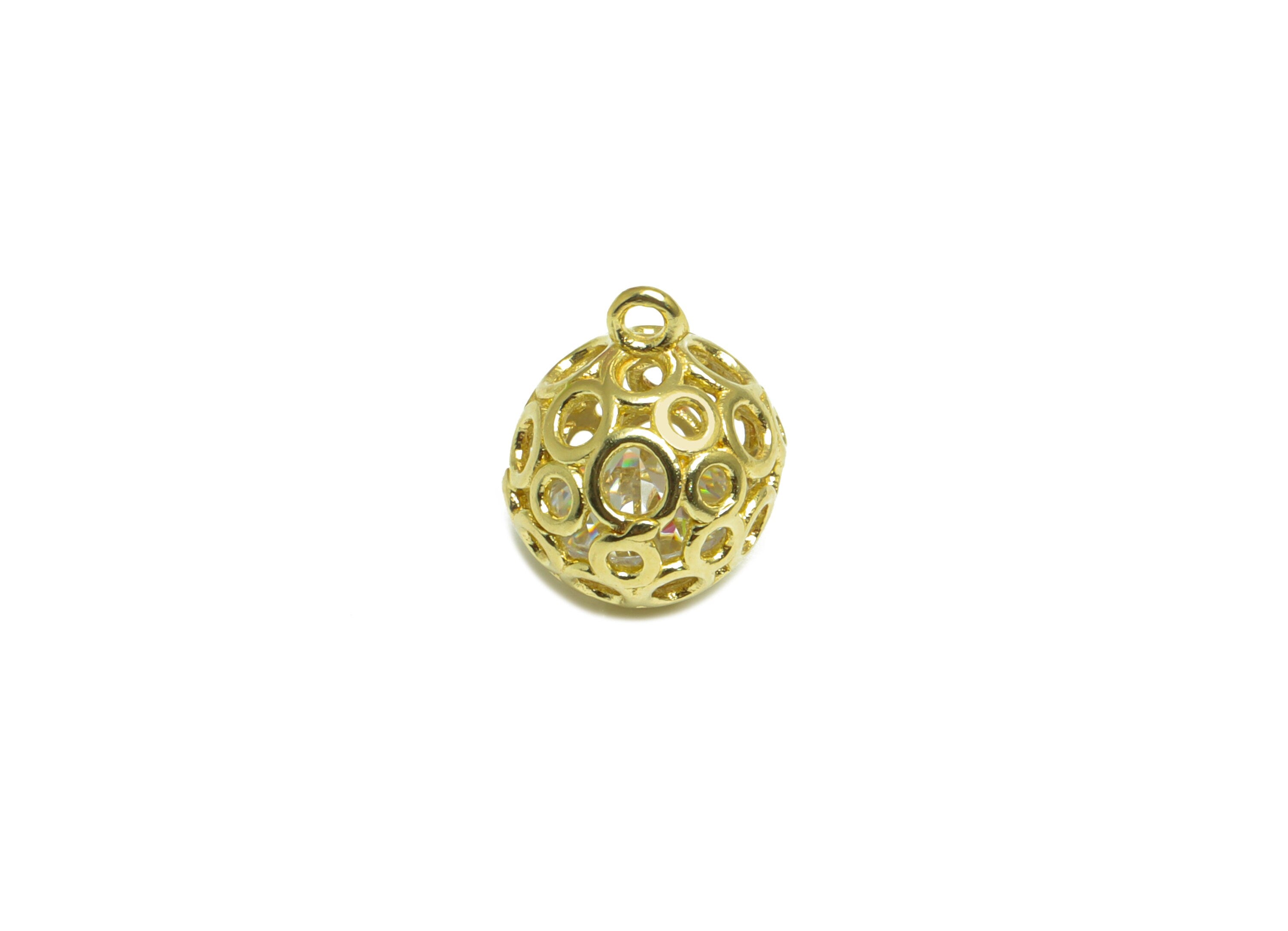 CZ Diamond Round Ball Pendant - Brass CZ Cage Football Earring Charm - Cubic Zircon Charms With Loop - For Necklace - 12.3x10x10mm - PP10085 - DOMEDBAZAAR