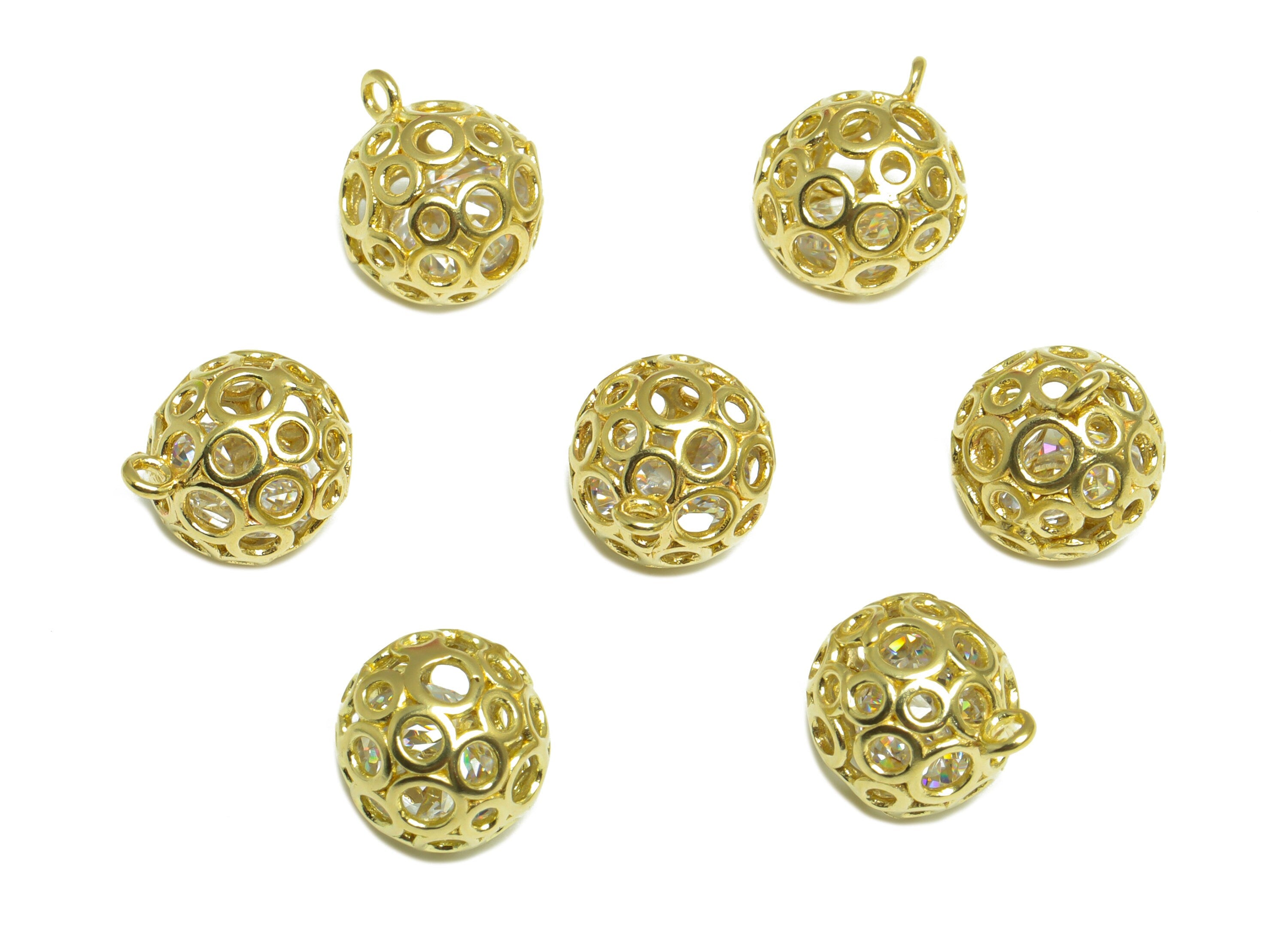 CZ Diamond Round Ball Pendant - Brass CZ Cage Football Earring Charm - Cubic Zircon Charms With Loop - For Necklace - 12.3x10x10mm - PP10085 - DOMEDBAZAAR