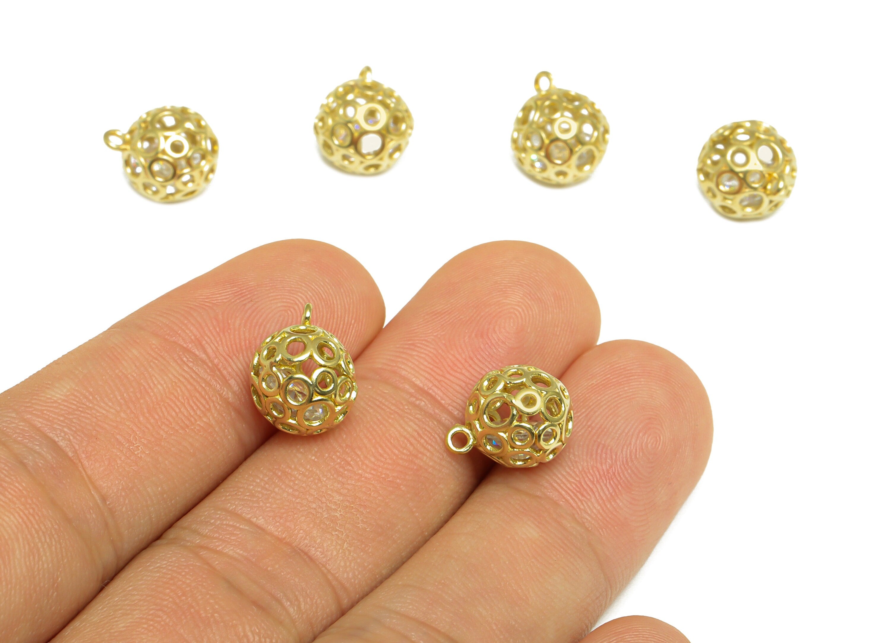 CZ Diamond Round Ball Pendant - Brass CZ Cage Football Earring Charm - Cubic Zircon Charms With Loop - For Necklace - 12.3x10x10mm - PP10085 - DOMEDBAZAAR