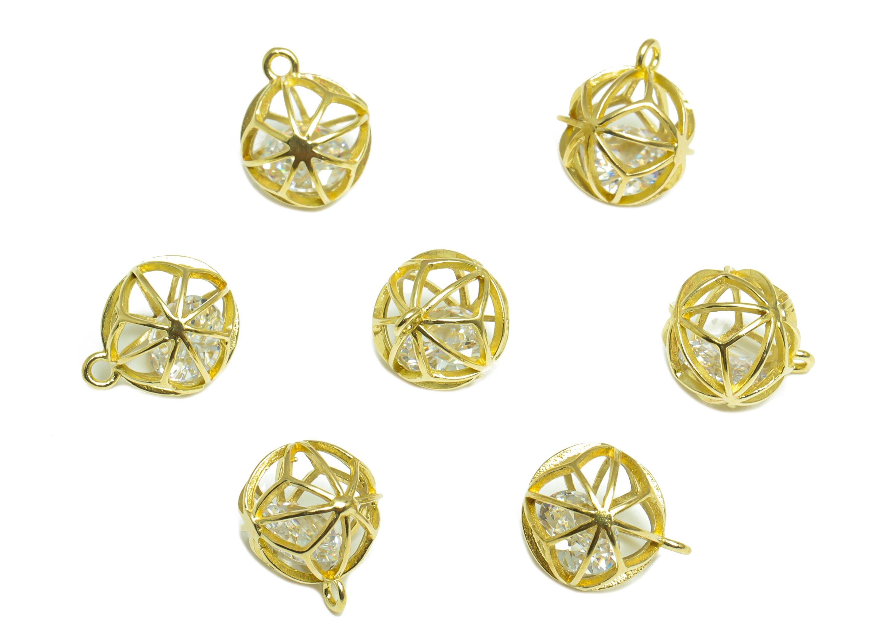 CZ Diamond Ball Pendant - Raw Brass CZ Cage Football Earring Charm - Cubic Zircon Charms With Loop - For Necklace - 12x10x10mm - PP10102 - DOMEDBAZAAR